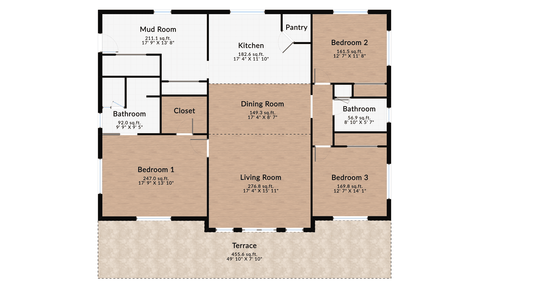 Three-bedroom house floor plan featuring a large living room, kitchen, dining area, two bathrooms, mudroom, and a terrace for outdoor relaxation.