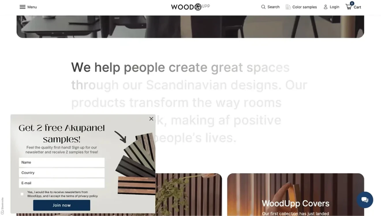 WoodUpp floating newsletter signup box offering two free Akupanel samples