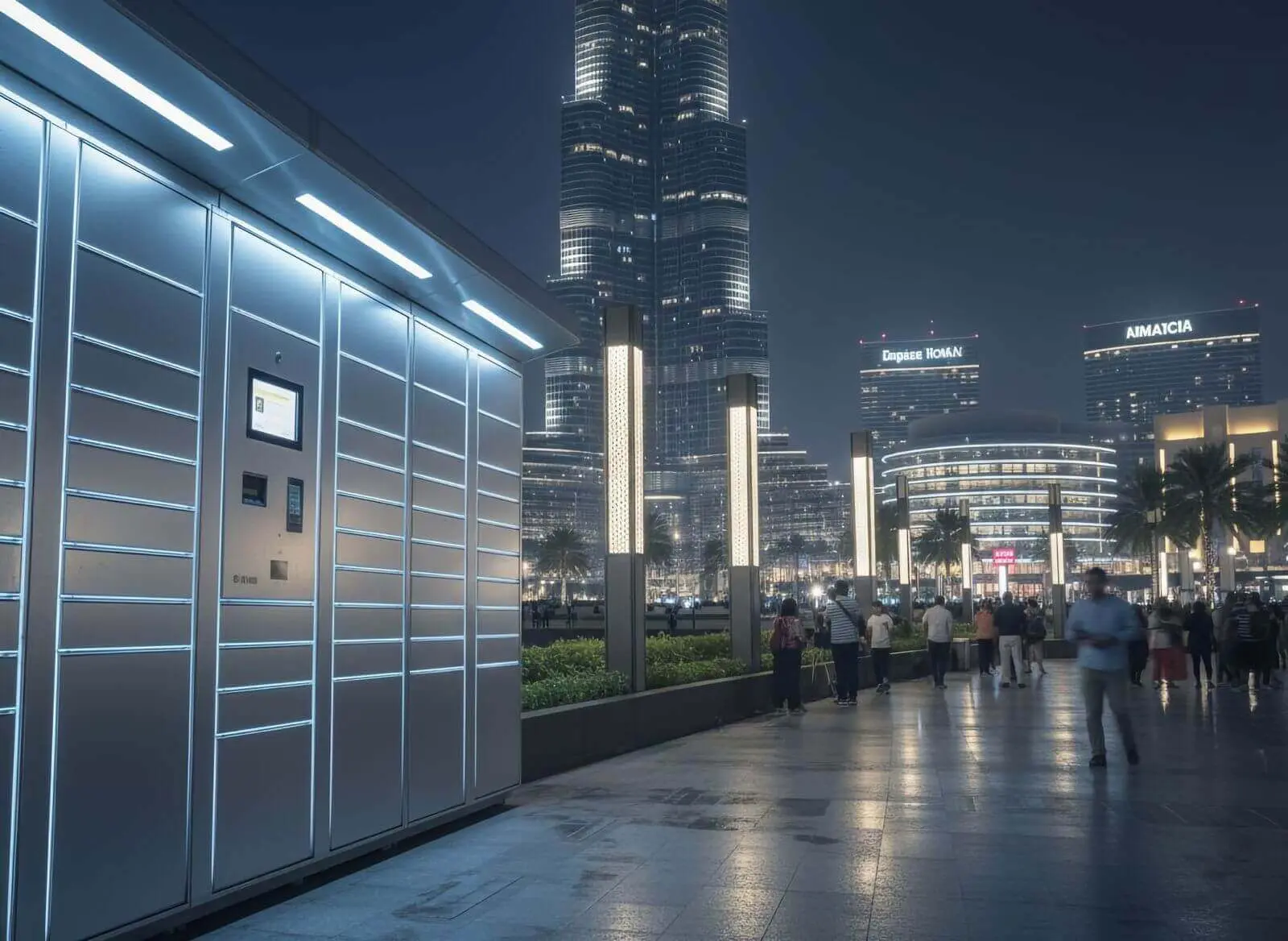 Smart parcel locker in modern city at night, example of how parcel lockers work