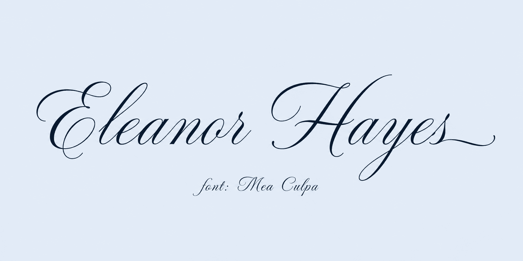 Sample name signed in a cursive signature font on a light background, with the font name labeled below.