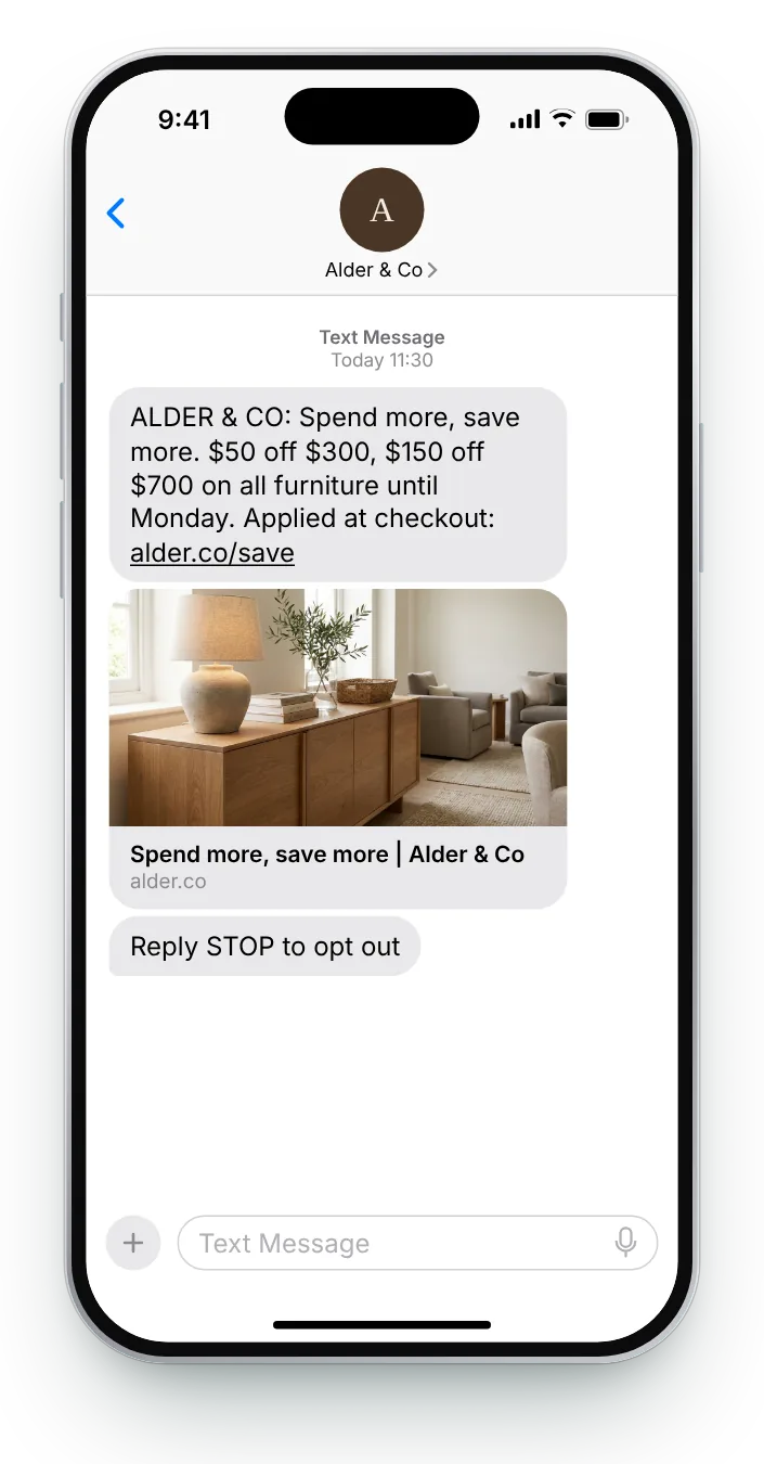 Spend more, save more promotional SMS on an iPhone