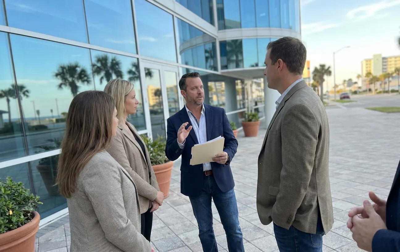 Group discusses Digital Marketing outside RockN' Socials agency building.