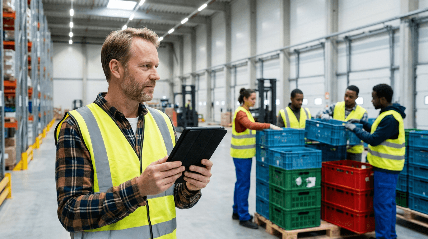 Man with a laptop walking to a store