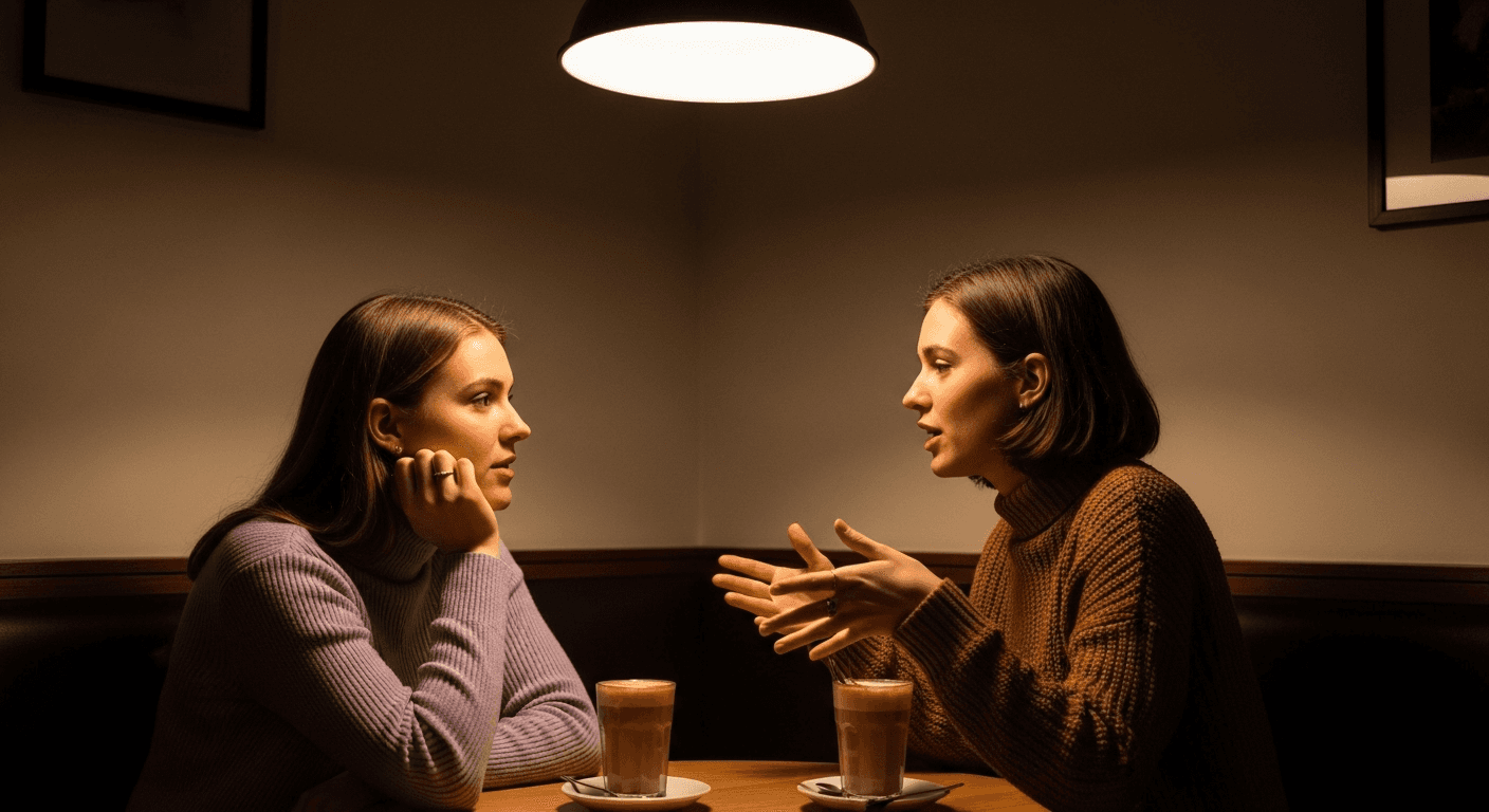 Two women having an intimate conversation in a cozy coffee shop booth with warm lighting