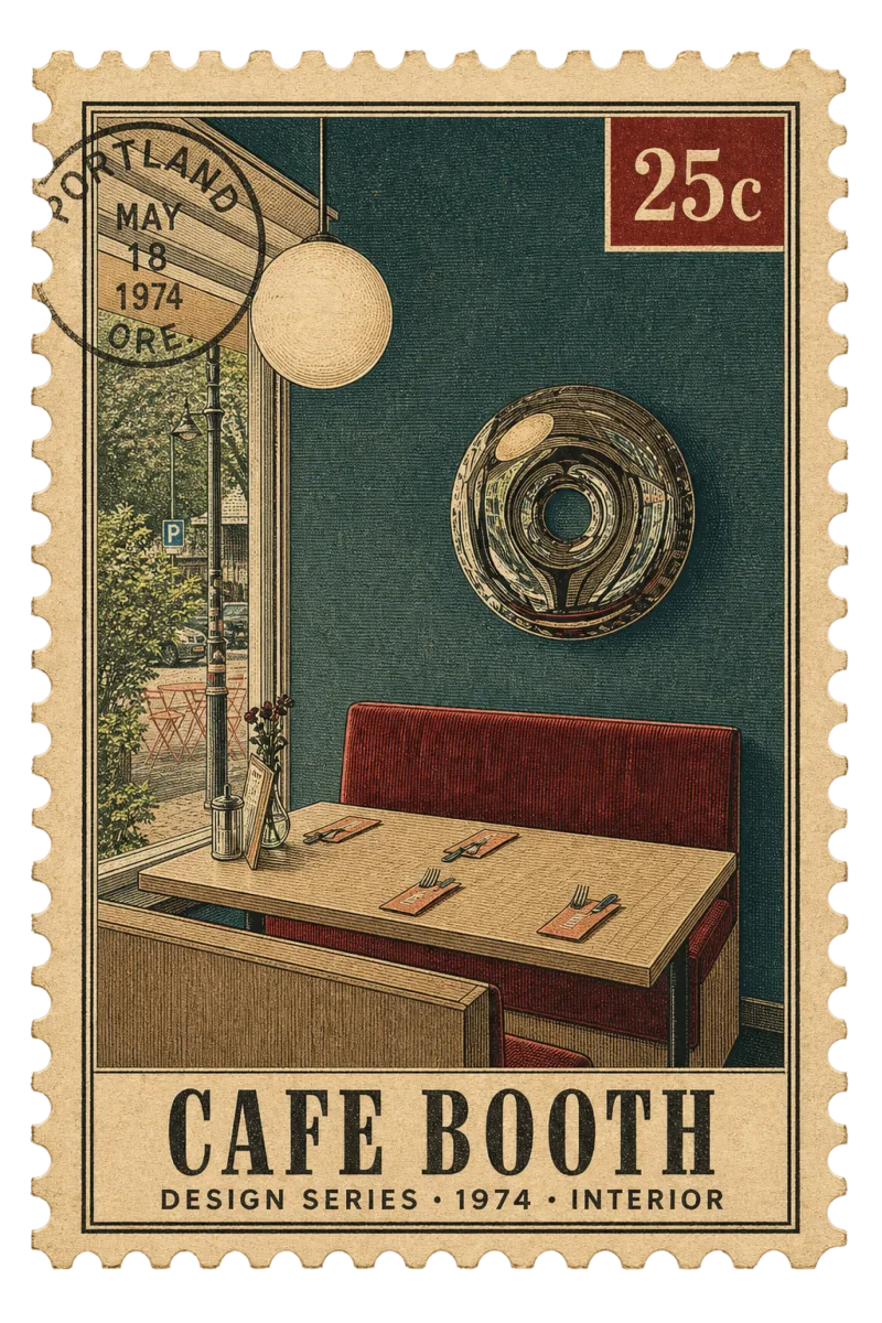 Vintage postage stamp of a café booth interior