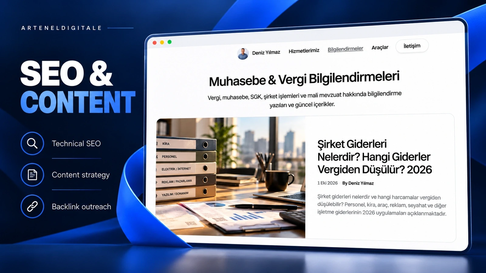 Deniz Yılmaz SMMM muhasebe ve vergi bilgilendirme sayfasının yanı sıra teknik SEO, içerik stratejisi ve backlink çalışması hizmet başlıkları.