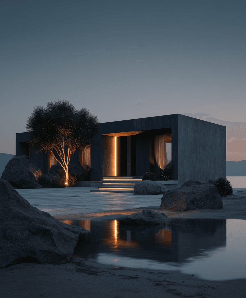 A modern home by the water at dusk, featuring large windows and a serene landscape with rocky foreground.