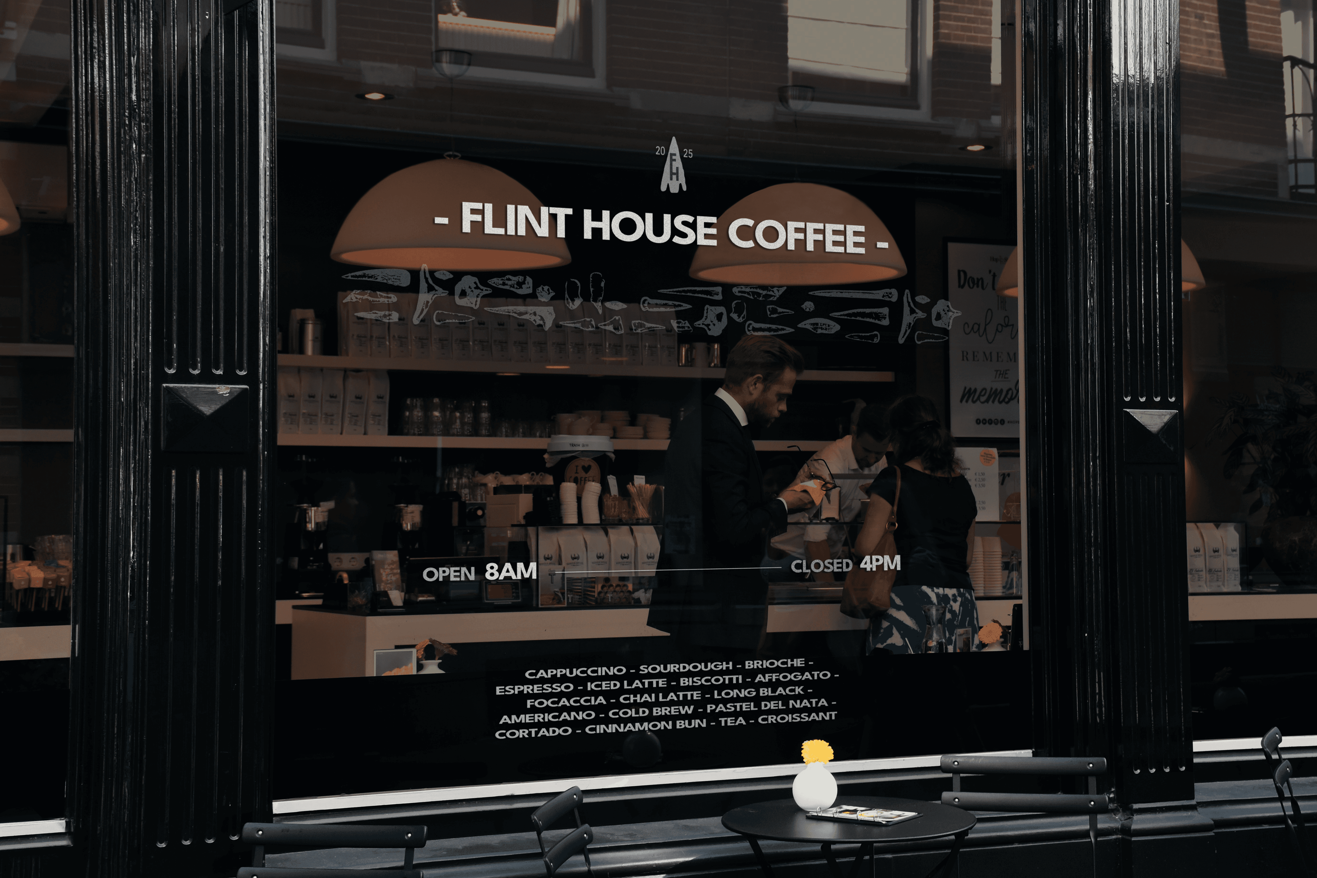 Cafe storefront branding, featuring people and illustrations for Flint House Coffee