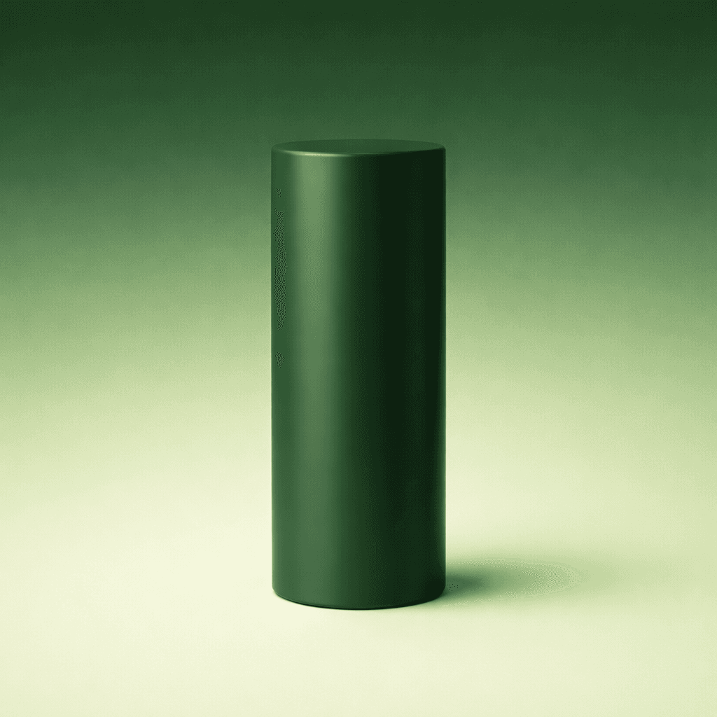 A tall, smooth, cylindrical green pillar stands centered against a gradient background, transitioning from light green at the bottom to darker green at the top, creating a minimalist and modern aesthetic.