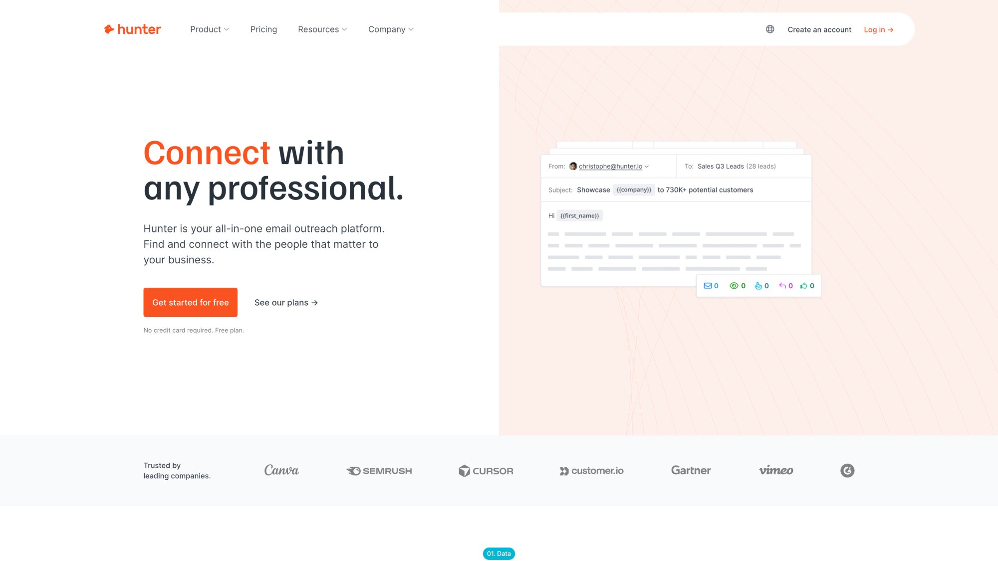 Hunter.io email finder tool homepage showing domain search interface