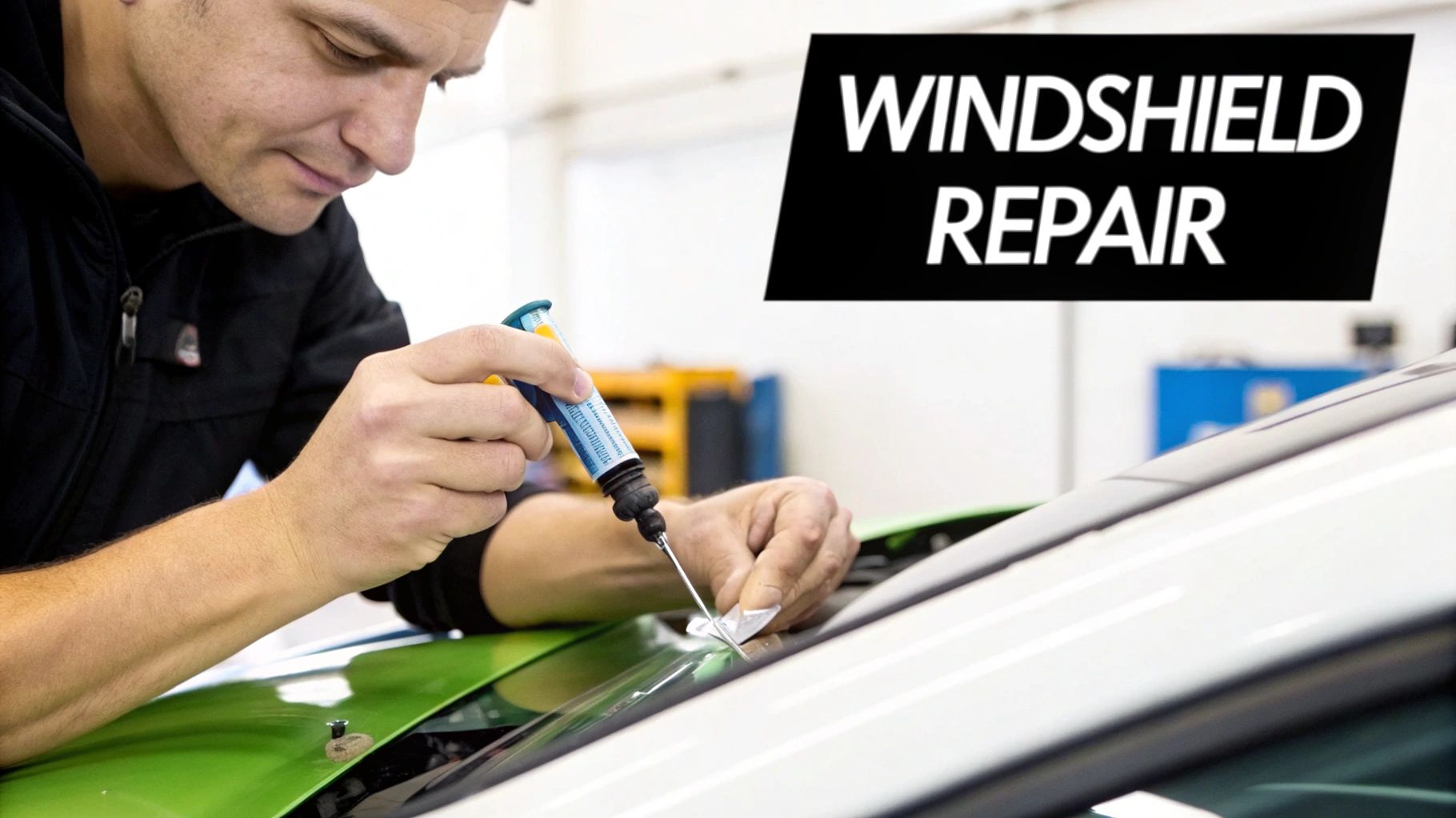 A focused man in a black jacket meticulously repairs a car's windshield with a specialized tool. Text overlay reads 'WINDSHIELD REPAIR'.