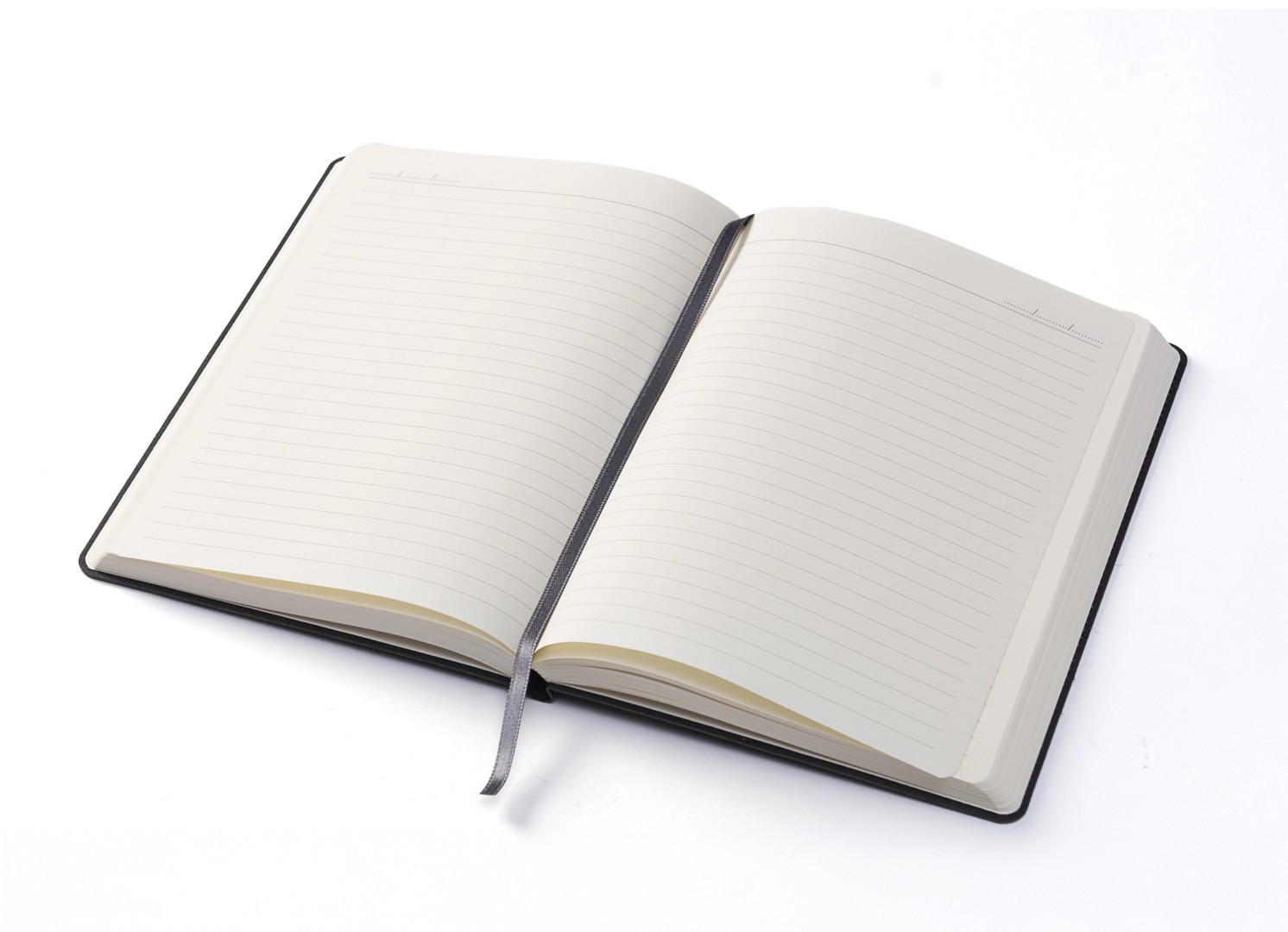 Open notebook displaying lined pages and grey ribbon bookmark.