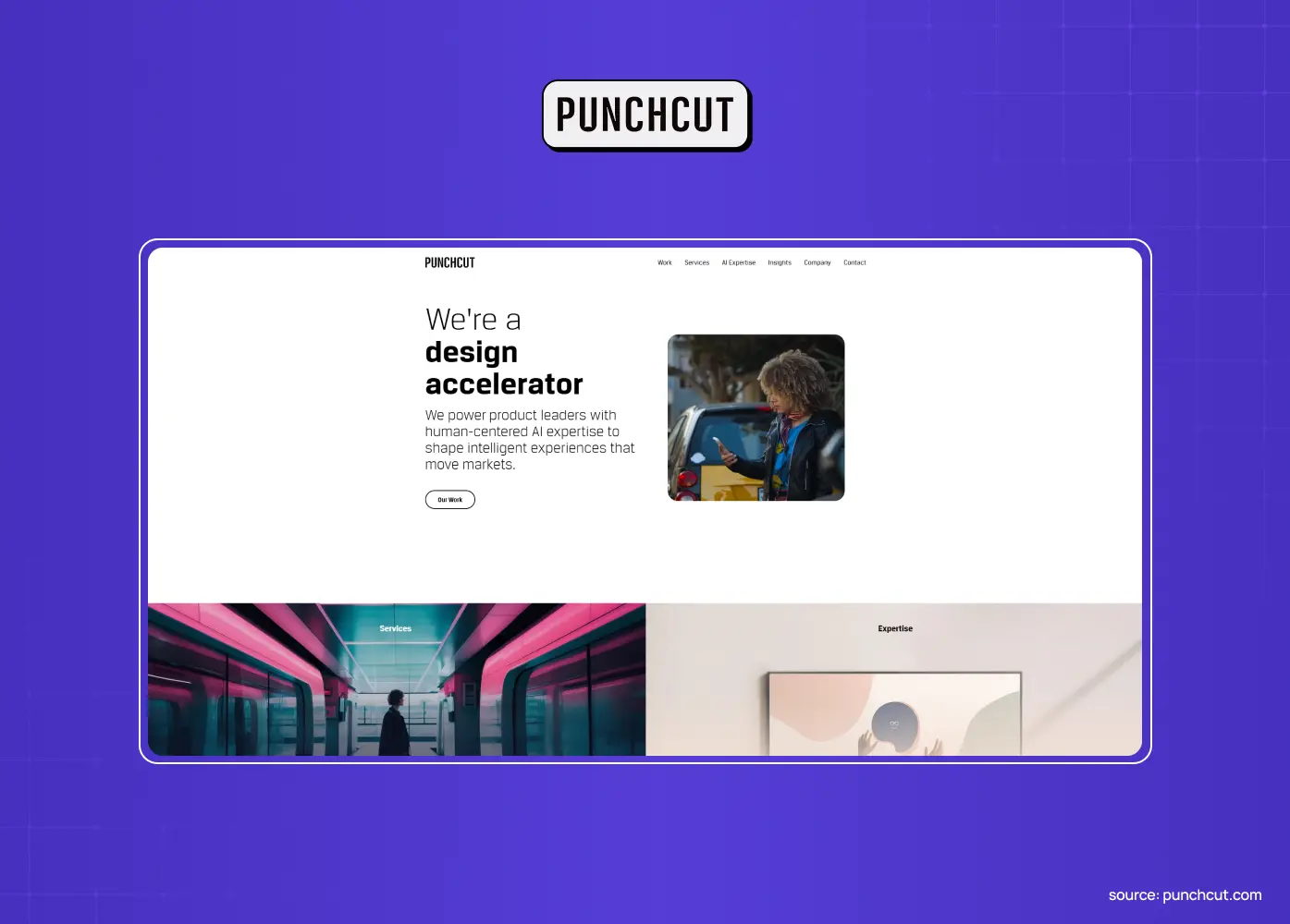 Punchcut website presenting the agency as a design accelerator, with a human-centered product design message and visual project imagery.
