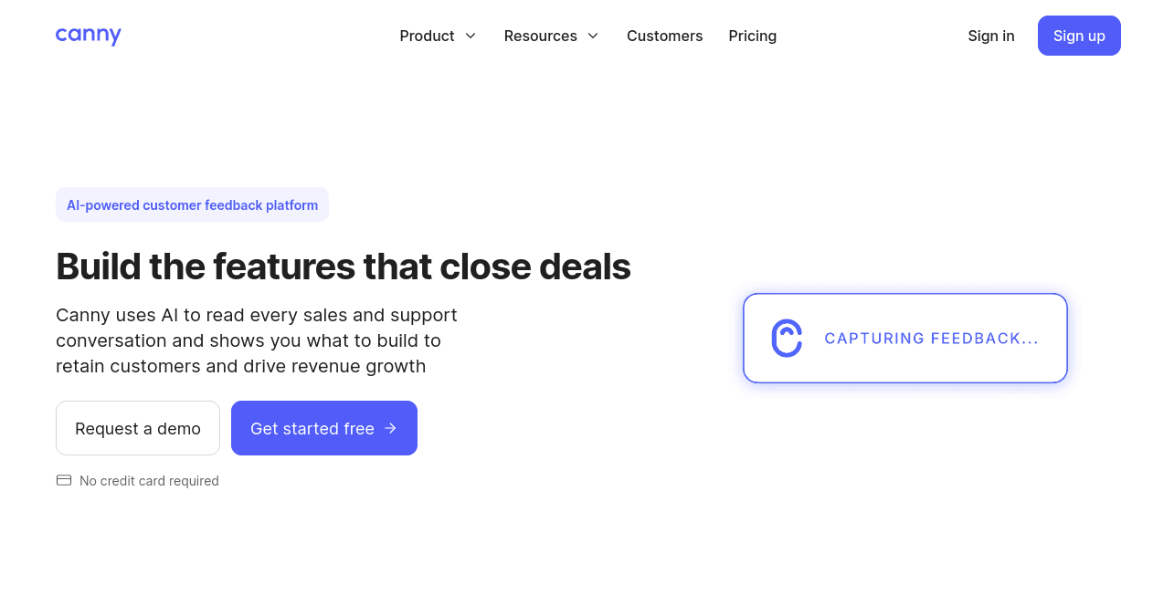 Canny landing page hero: Build the features that close deals