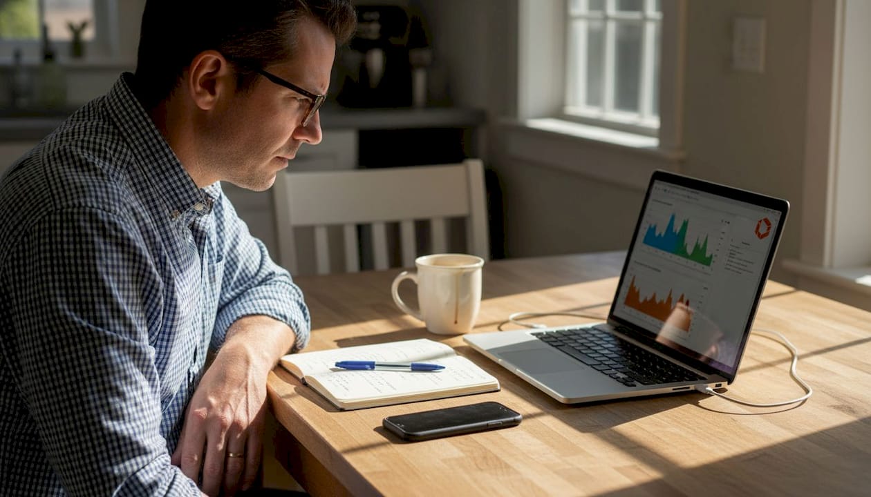 Engineer reviewing app performance on laptop