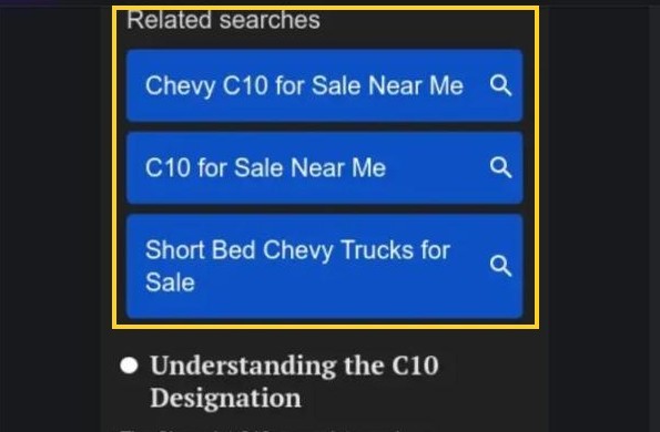 The related searches block on the landing article: the search terms a visitor can click