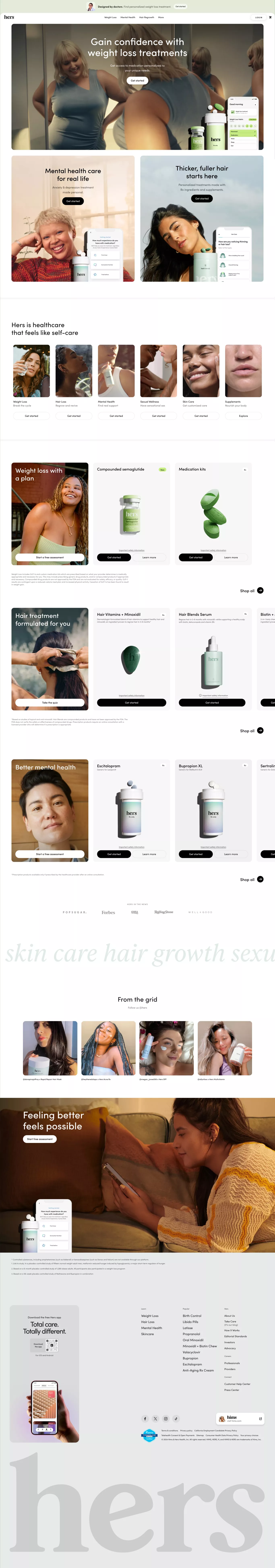Hers for Women's Health ecommerce page screenshot showcasing Health & Fitness and Tech design
