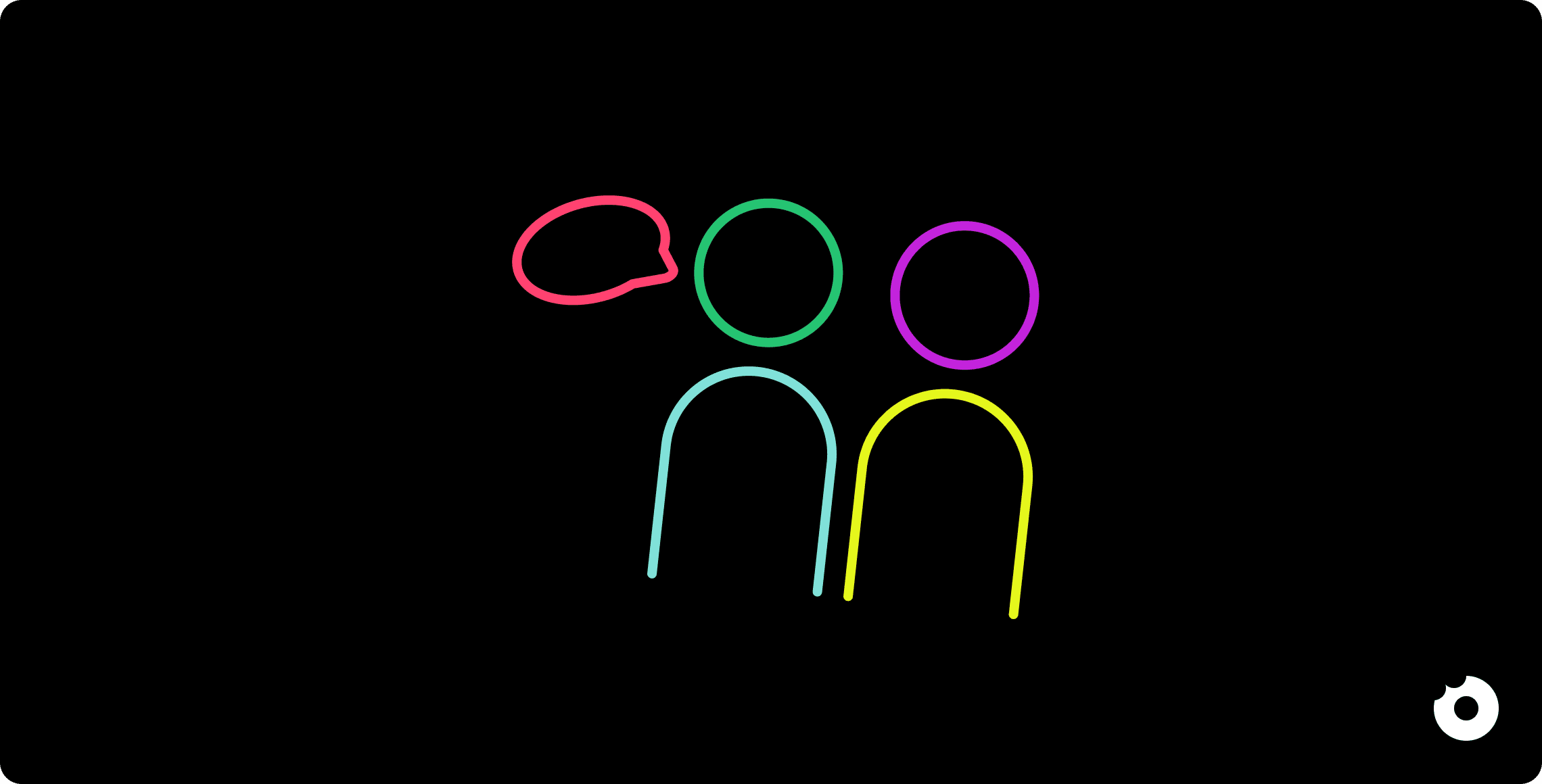 Two stylised line-art figures, with one speaking symbolised by a speech bubble, representing user interviews or feedback