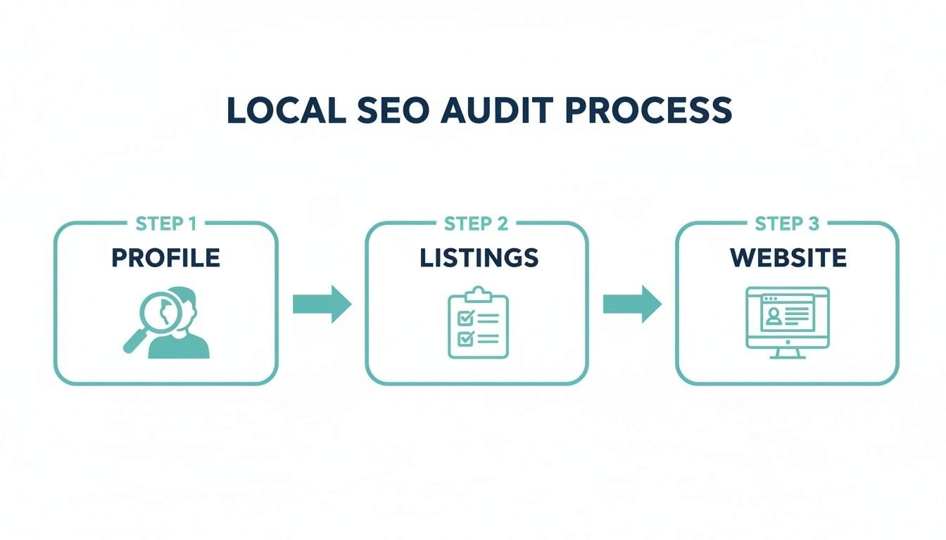 Process flow diagram showing the three steps of a Local SEO Audit: Profile, Listings, and Website.