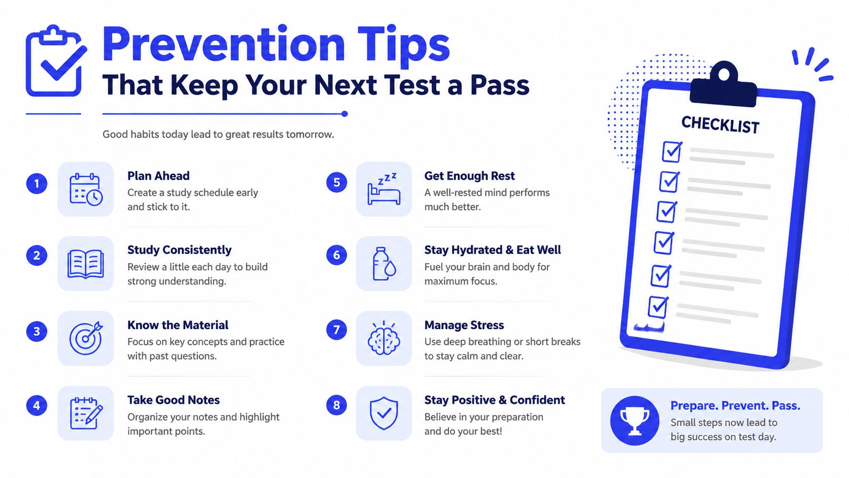 A helpful infographic showing eight numbered prevention tips and a checklist for passing exams successfully.