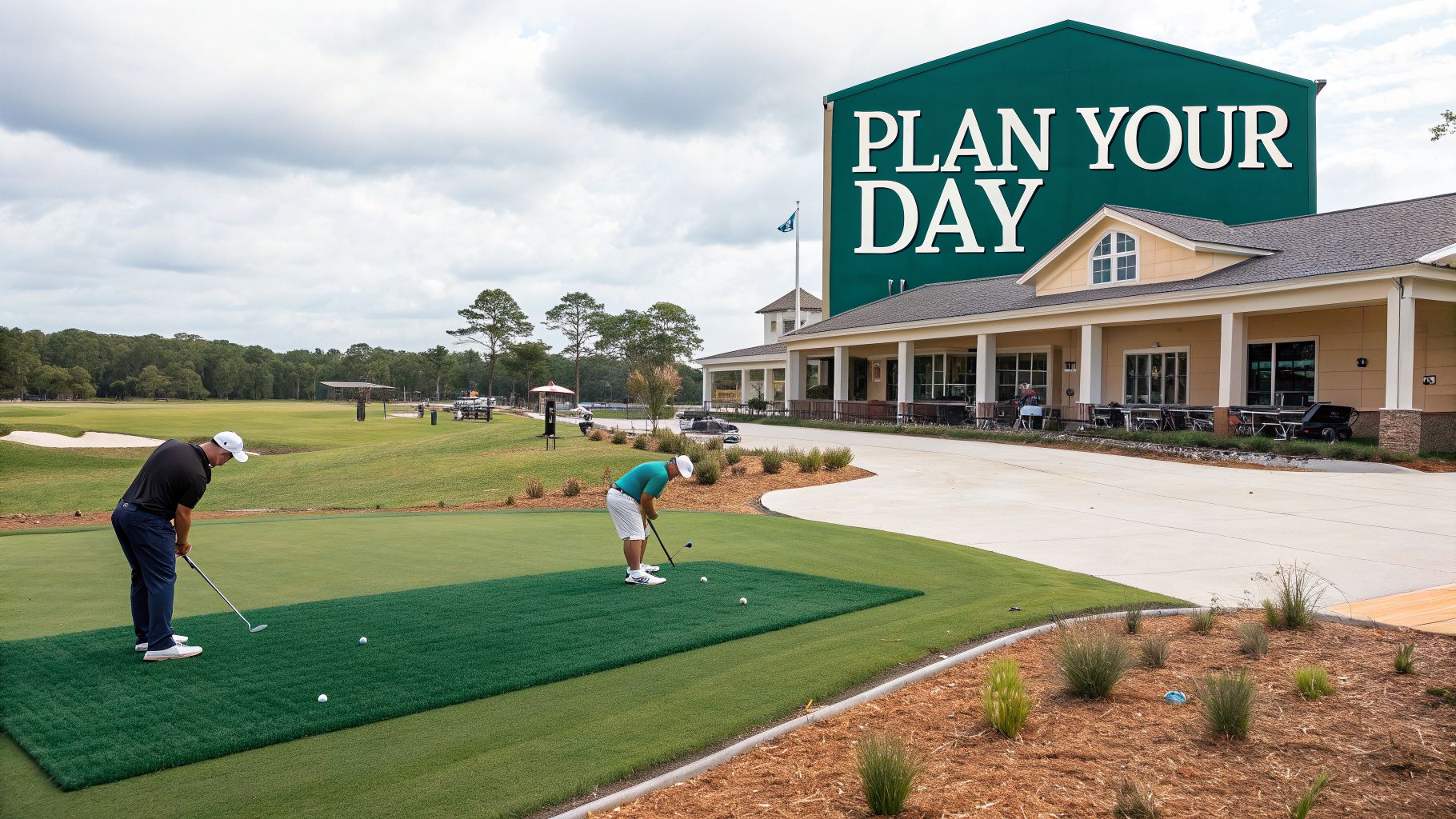 Two golfers practice on a driving range with a clubhouse and a large 'PLAN YOUR DAY' sign.