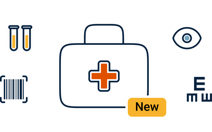 Female health worker holding a phone, with icons superimposed on the image showing a bar chat, hospital, and chat bubble. 