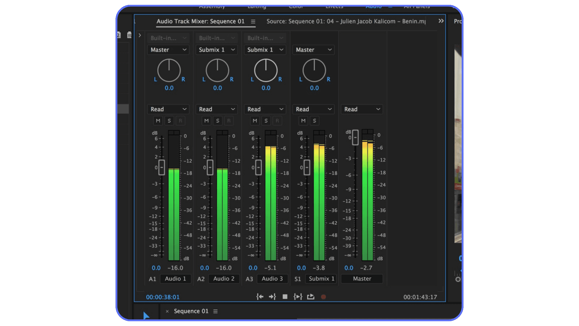 Audio Track Mixer in Premiere Pro displaying dialogue, submix, and master levels during playback