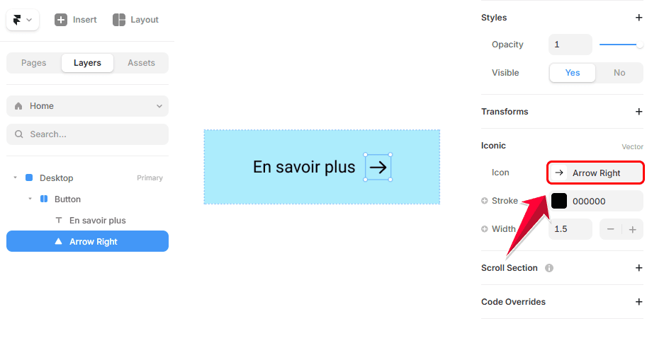 Sélection et configuration d’une icône flèche dans un bouton Framer