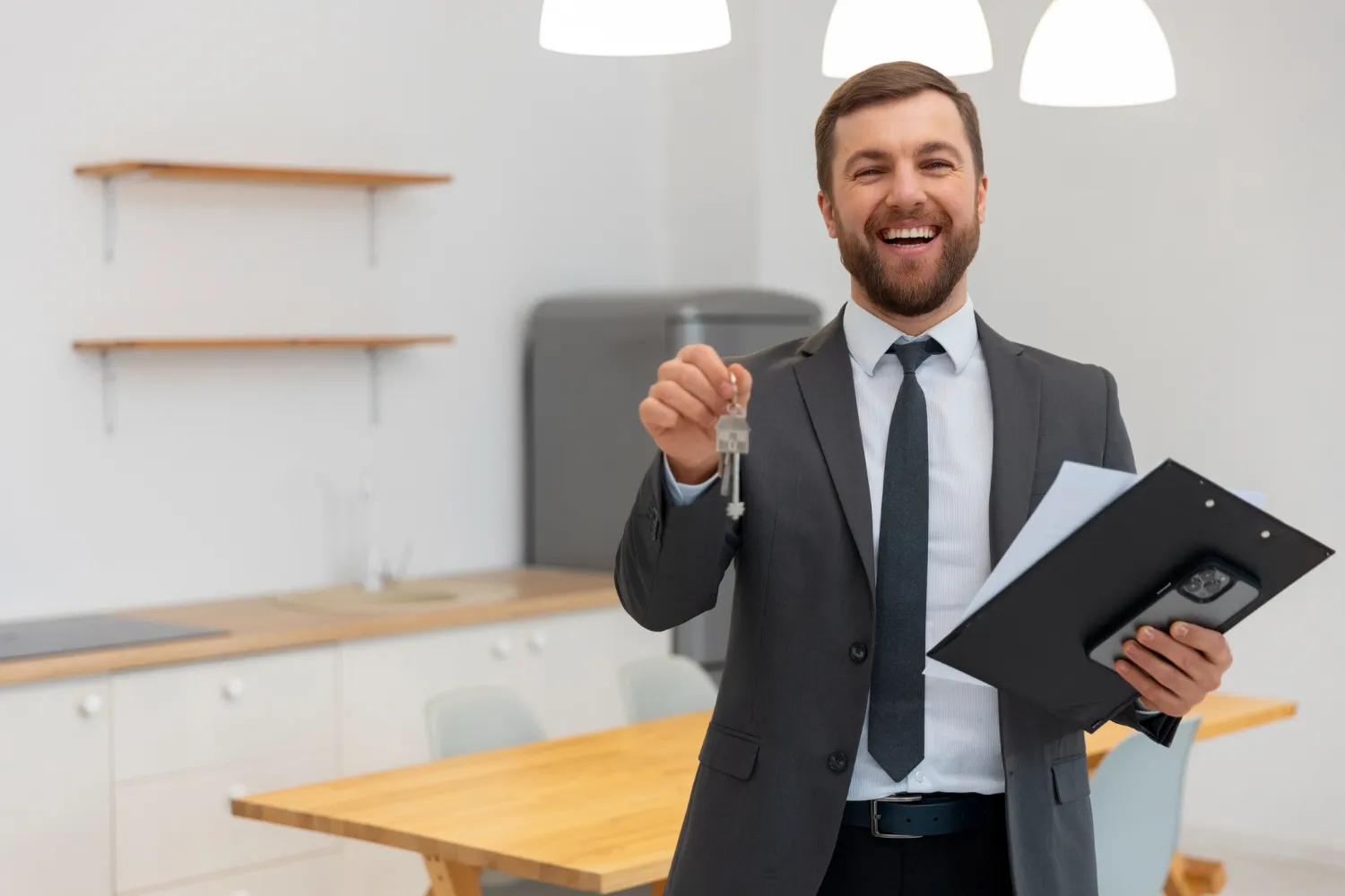 A professional real estate agent in a suit, holding a clipboard and confidently pointing, showcasing his expertise.