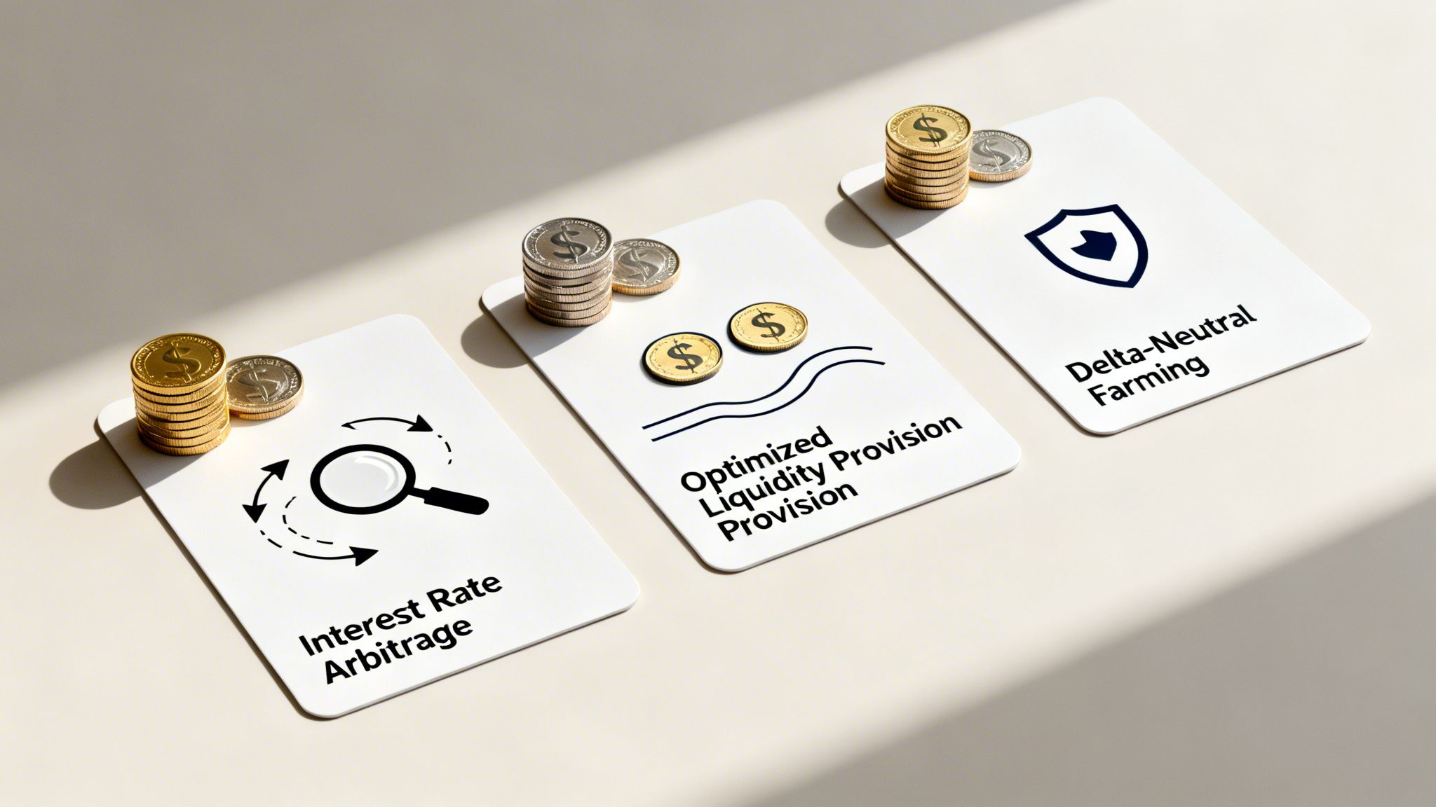 Three cards display DeFi strategies: Interest Rate Arbitrage, Optimized Liquidity Provision, and Delta-Neutral Farming, alongside stacks of gold and silver coins.