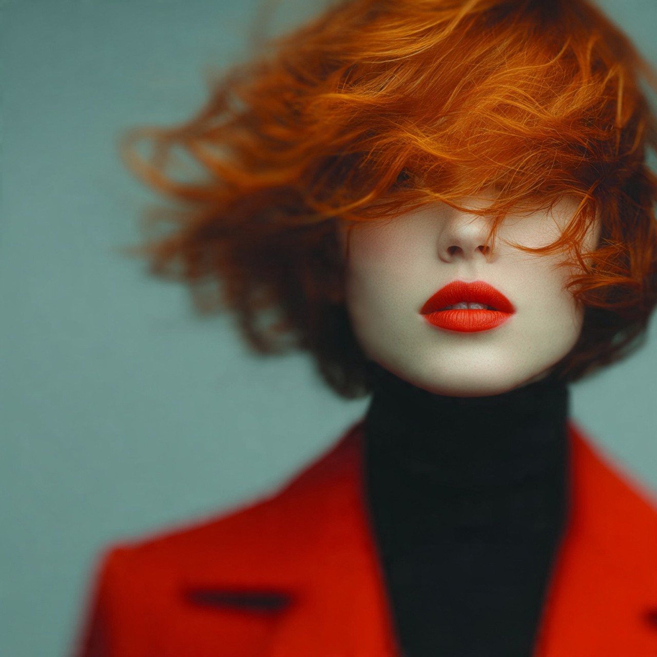 Image of young woman wearing red suit with red hairs