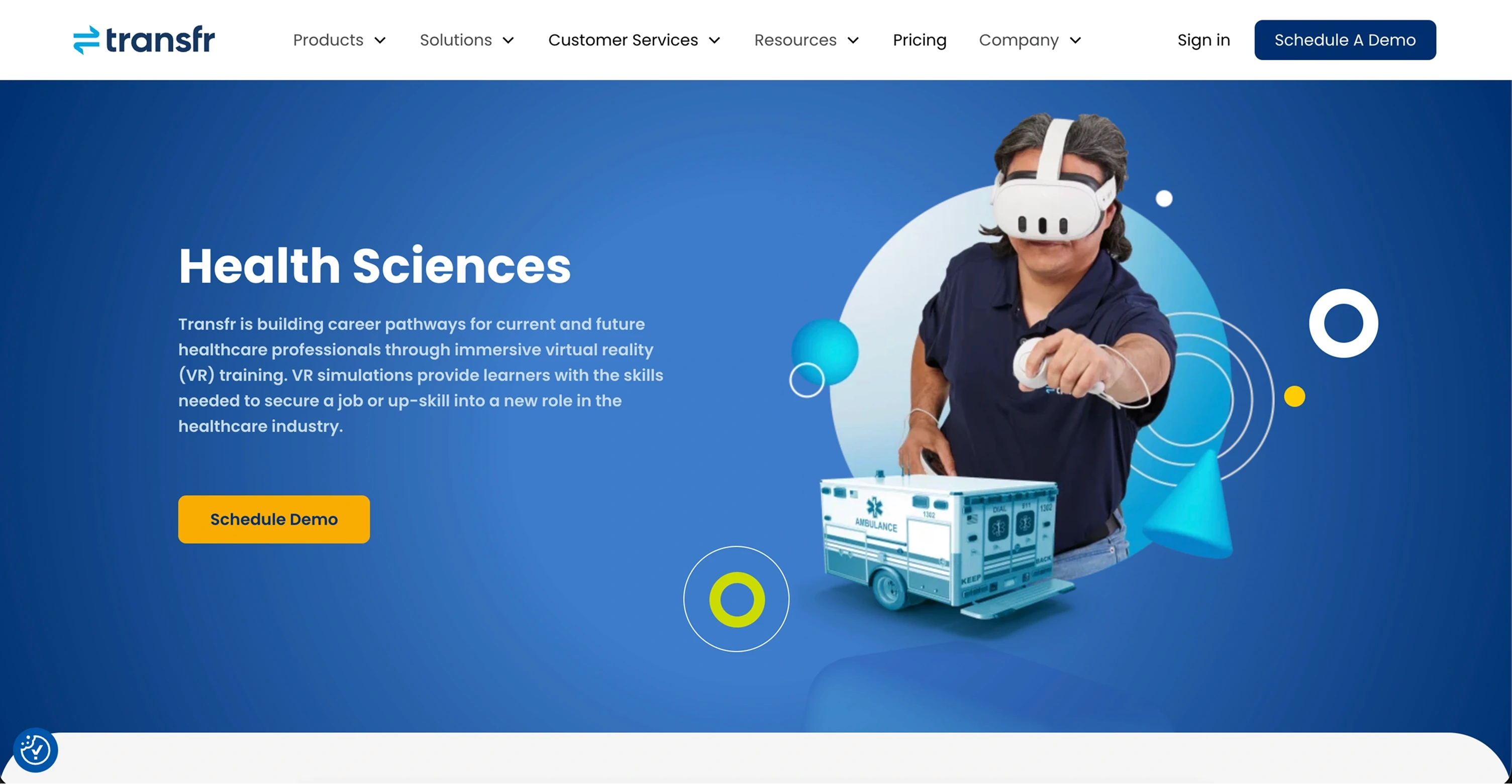 Transfr Health Sciences page showing a learner using a Meta Quest headset in a VR clinical training simulation