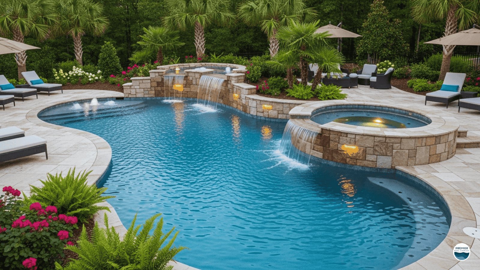 Custom gunite pool with waterfall and luxury backyard design features