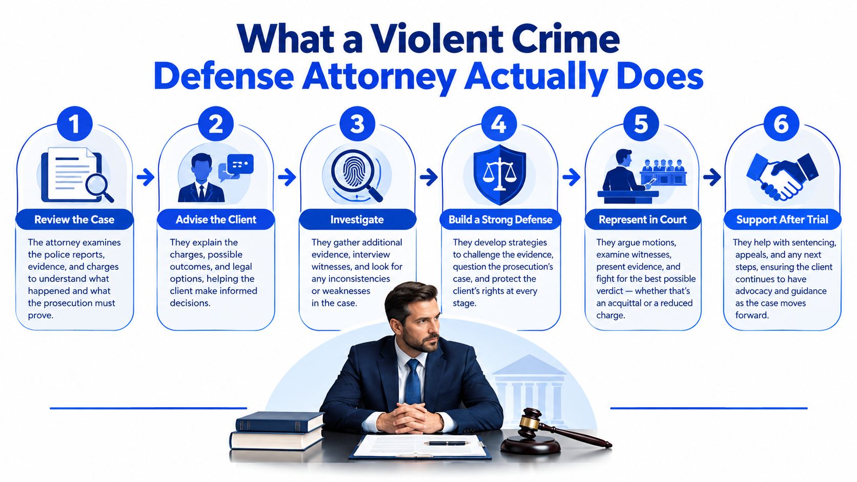 A diagram illustrating the six step process a violent crime defense attorney takes to help their clients.