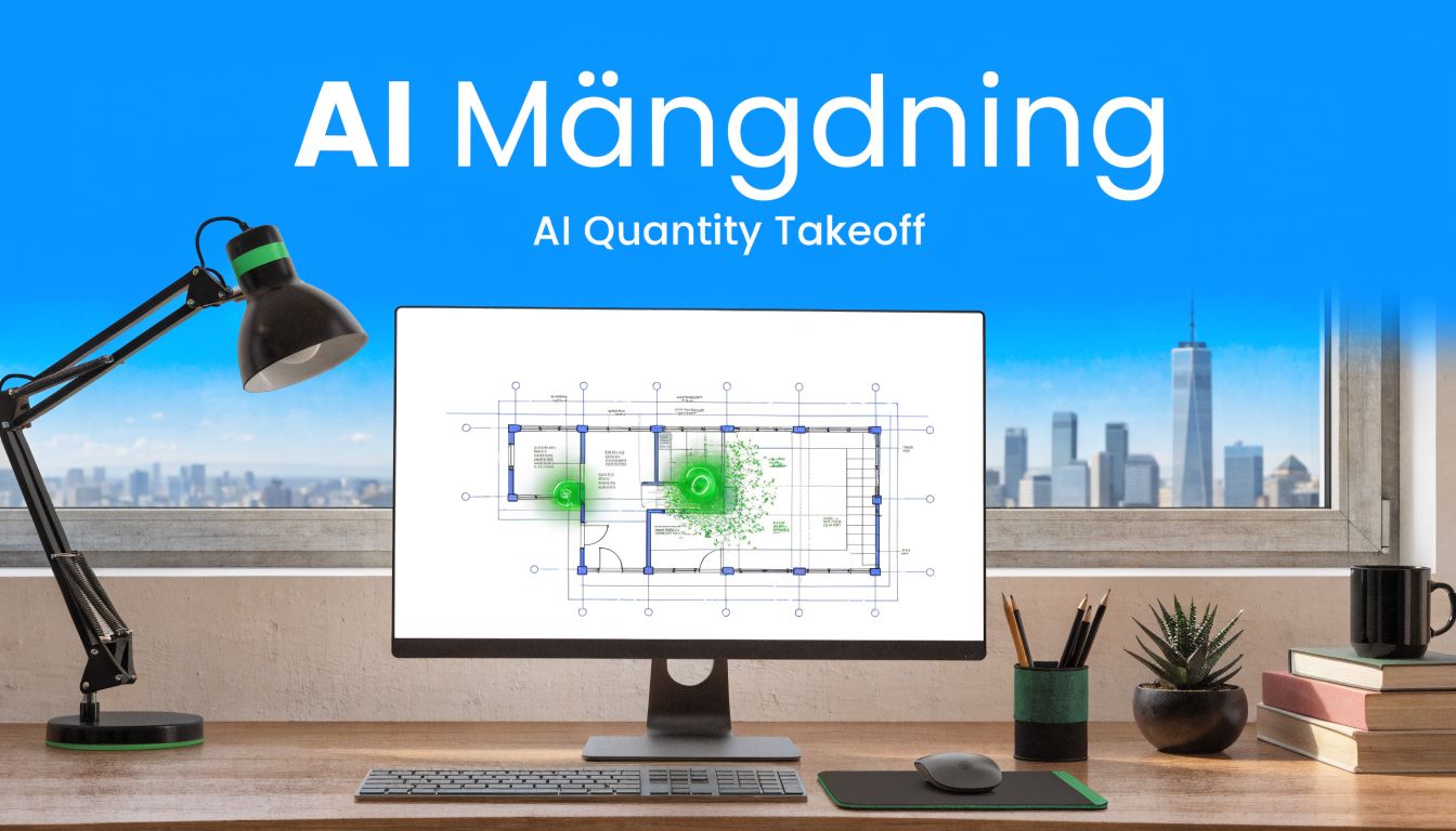 En skrivbordsvy med en datorskärm som visar en digital ritning med grönmarkerade områden för AI-mängdning.