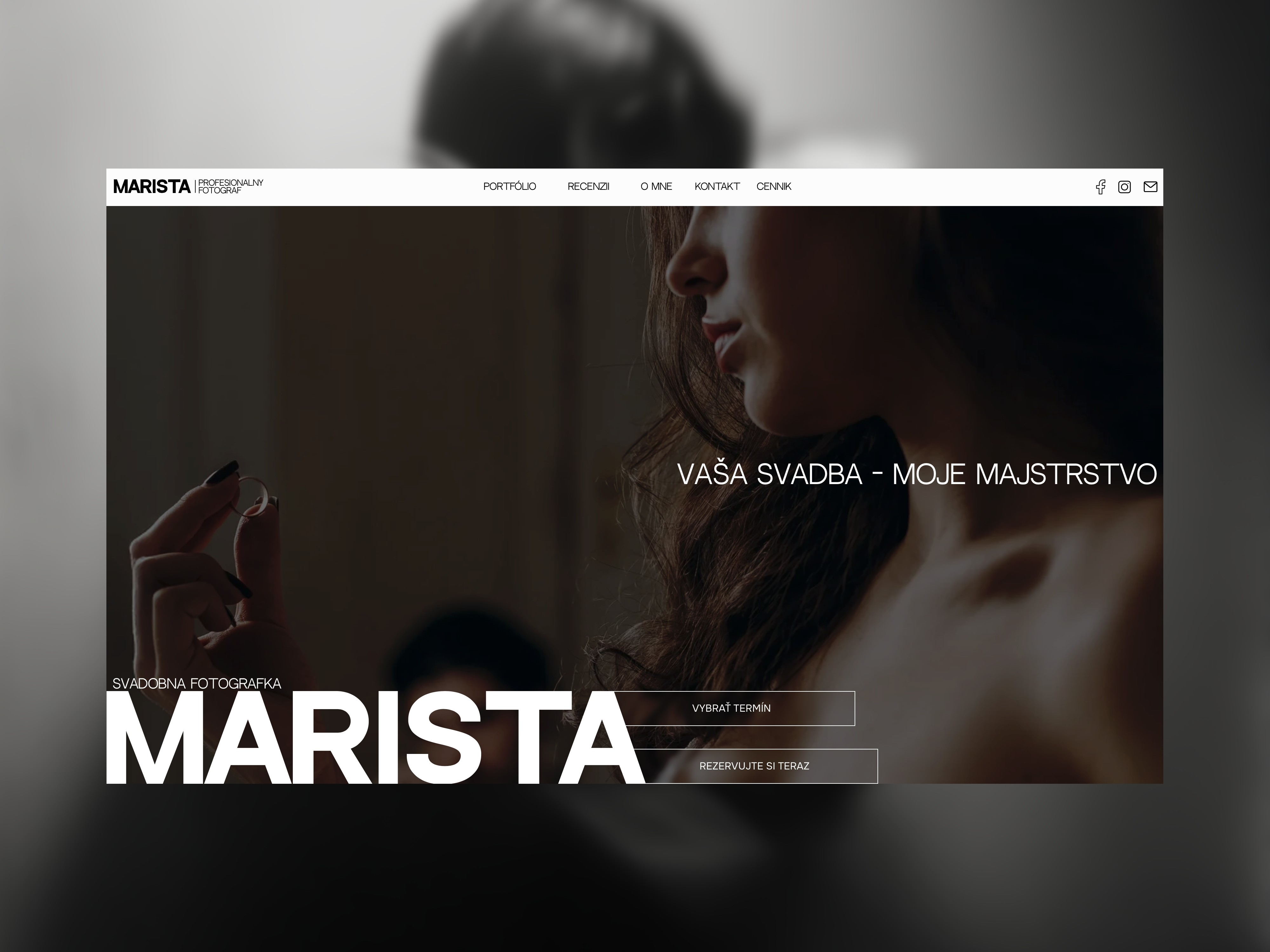 Marista wedding photography website showing a woman holding something with a title that says 'Your Wedding - My Masterpiece'