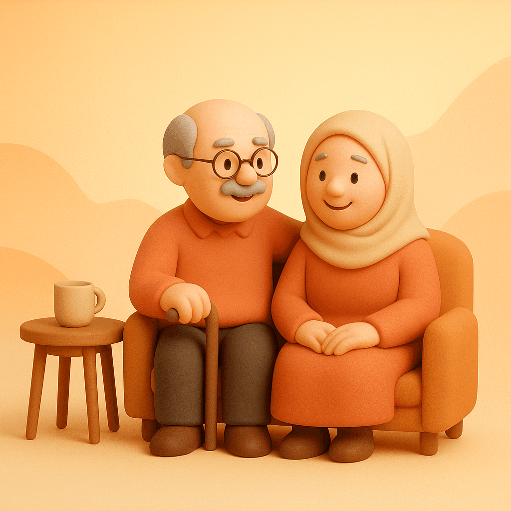 Ilustrasi clay 3D sepasang lansia duduk berdampingan di kursi oranye, kakek berkacamata memegang tongkat dan nenek berhijab tersenyum, di samping meja kecil dengan cangkir. Latar gradasi oranye hangat dengan bentuk abstrak organik.