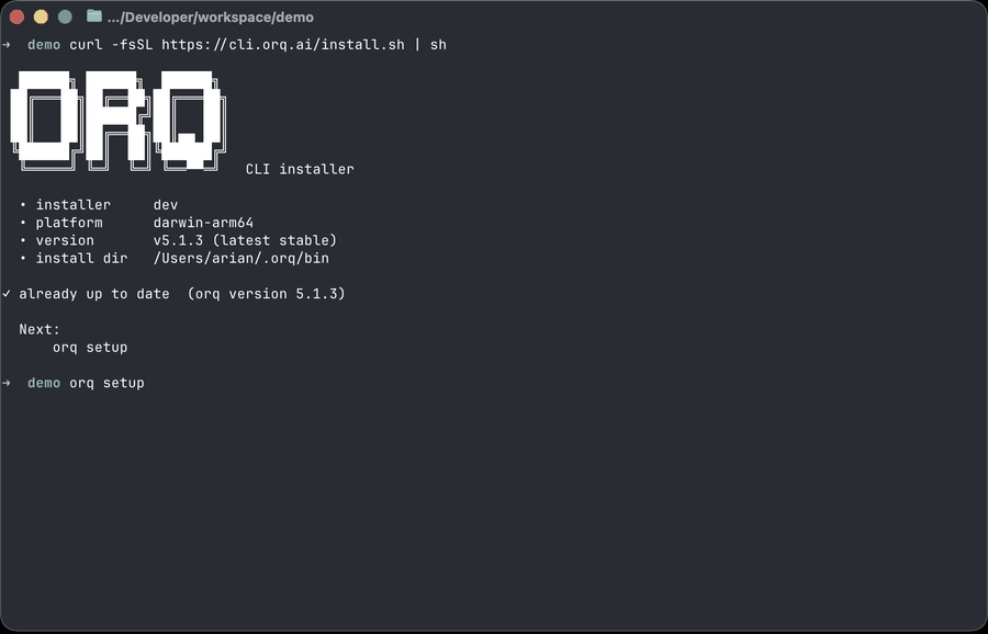 Installing the Orq.ai CLI and running orq setup