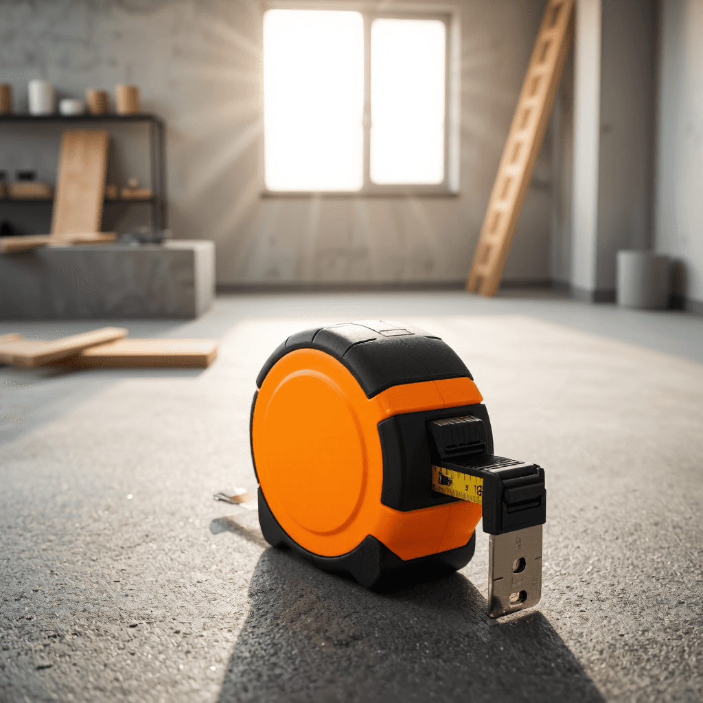 product photography of a measuring tape with a retractable mechanism, designed for construction and DIY use, featuring a bright orange and black color scheme