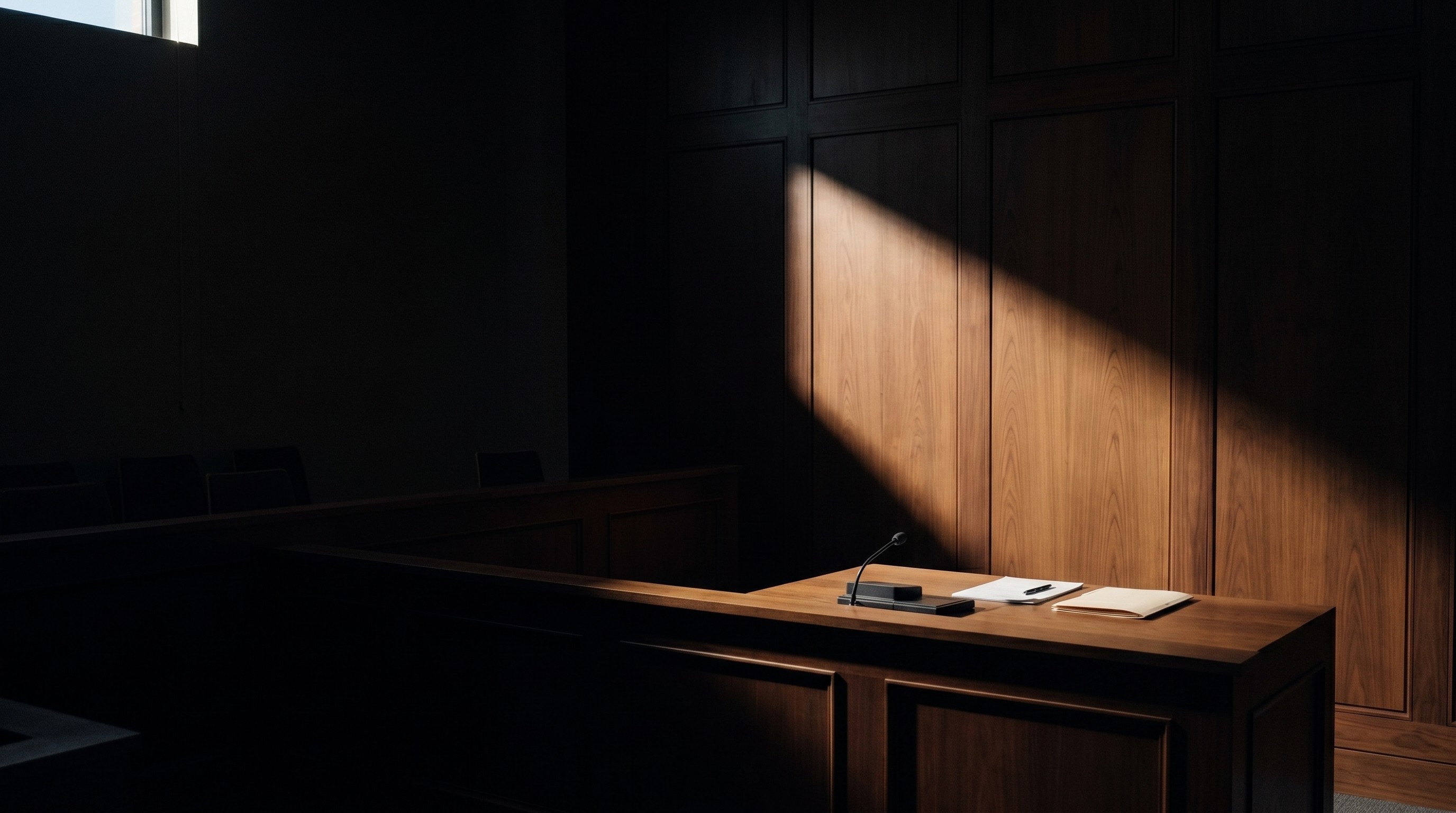 A dimly lit, empty courtroom features a wooden bench with a microphone, a book, and documents illuminated by a beam of sunlight, highlighting the quiet and solemn atmosphere of the space.