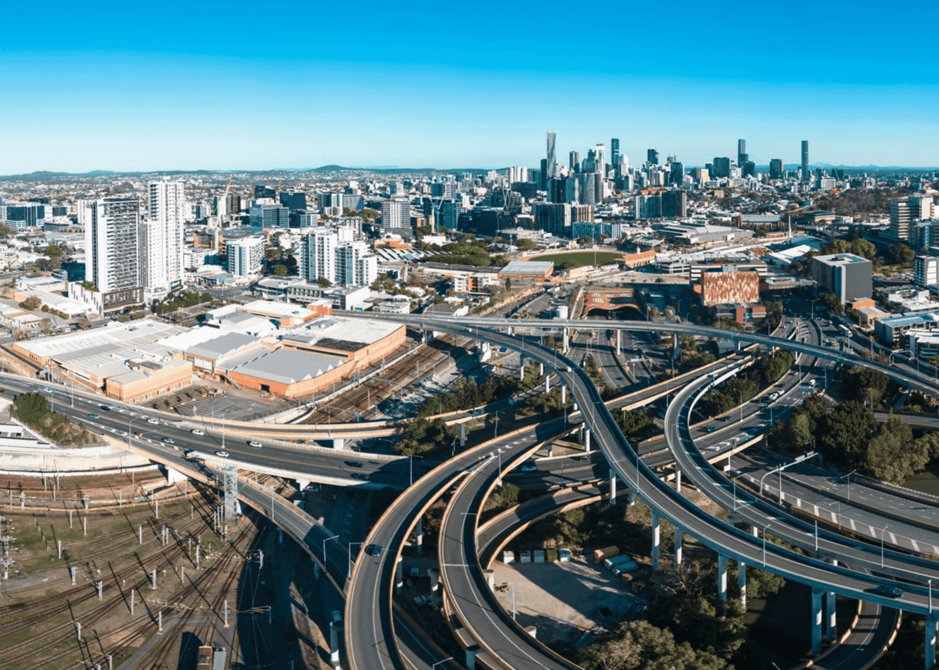 City skyline with complex highway interchange
