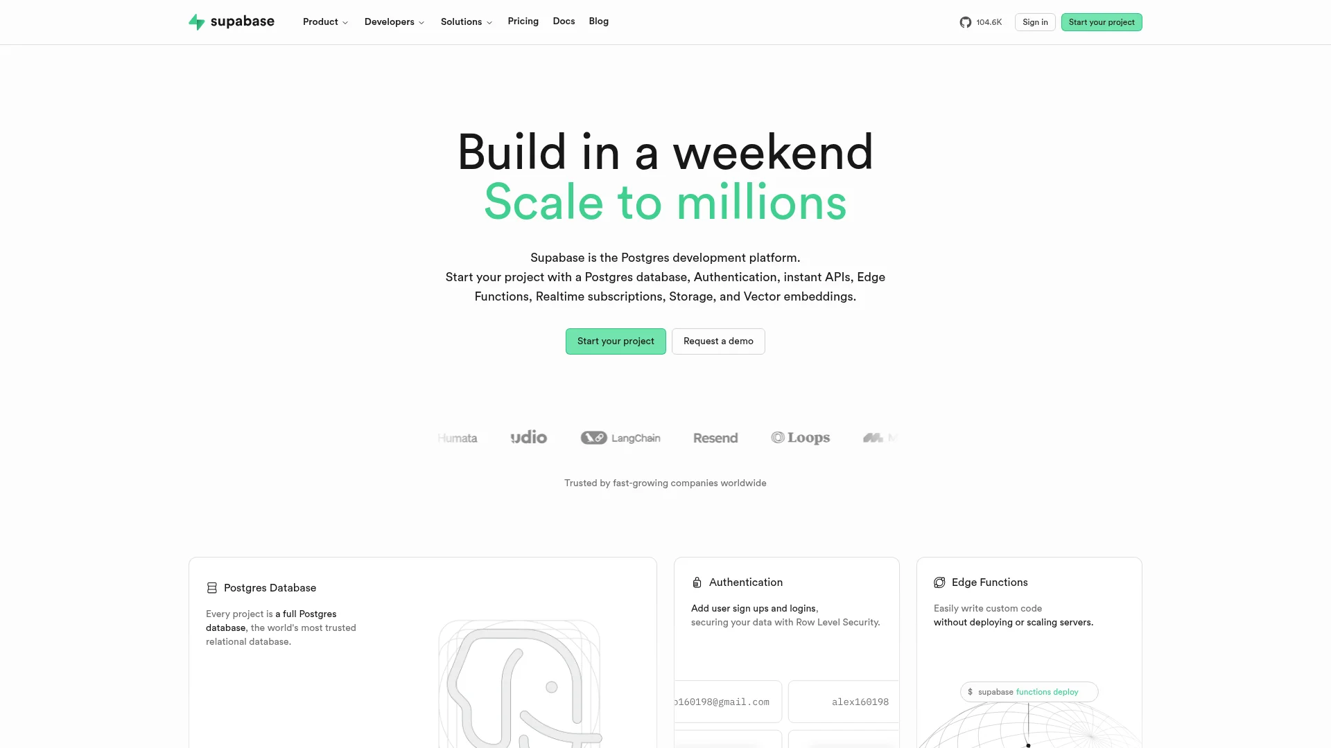 Supabase homepage showing its open-source PostgreSQL backend platform