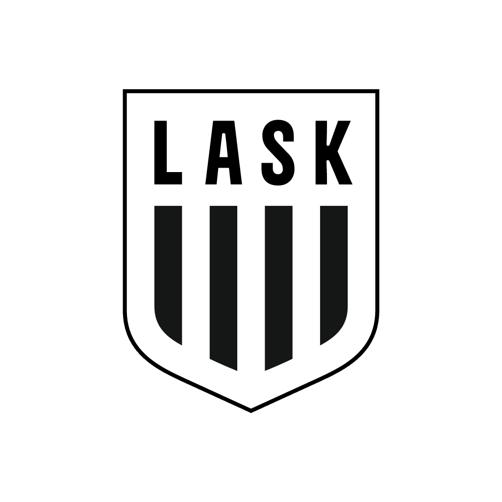 LASK-Logo: Schwarzes und weißes Wappen mit vertikalen Streifen, Schriftzug LASK.