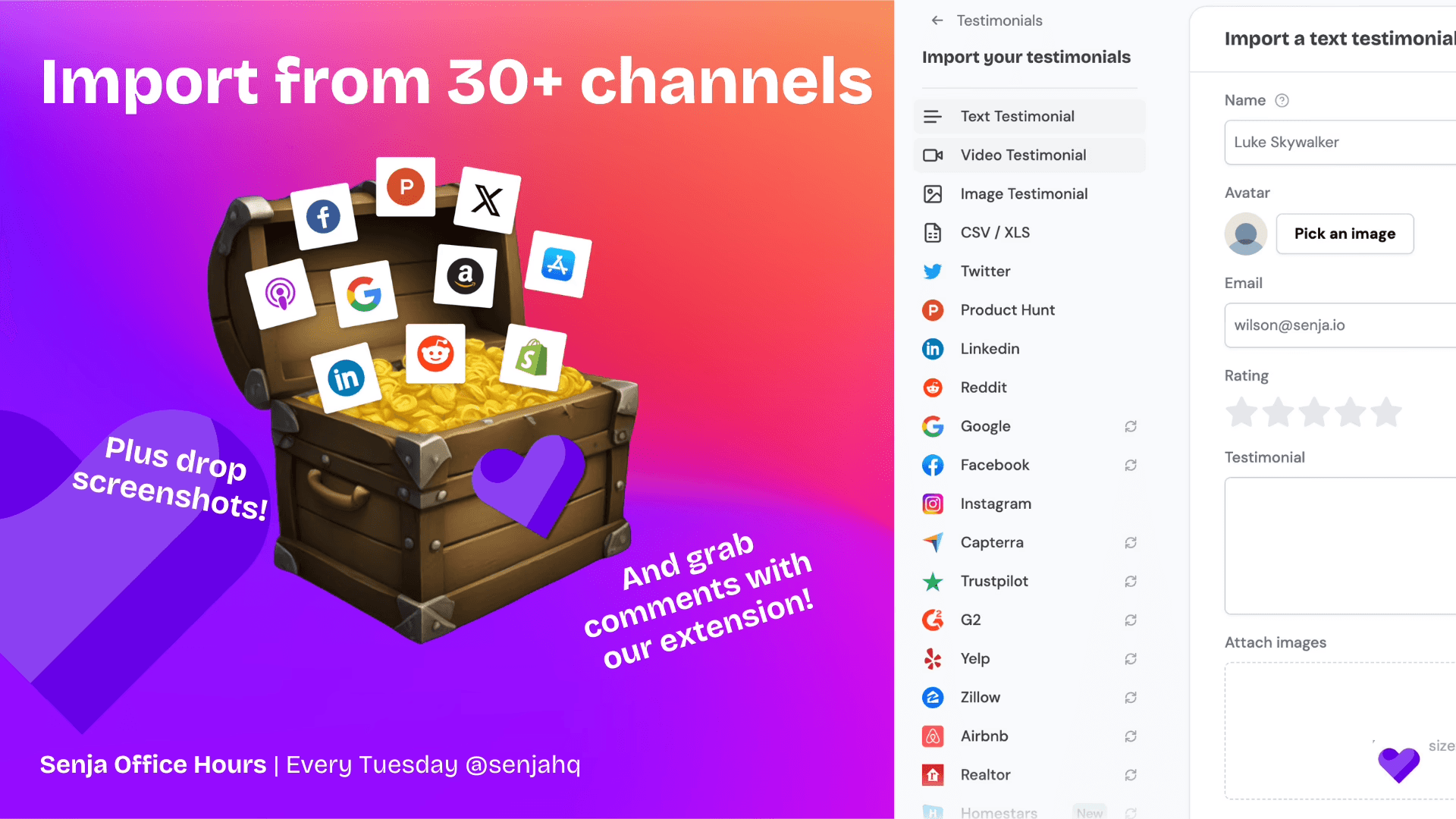 Import testimonials from over 30 channels with Senja