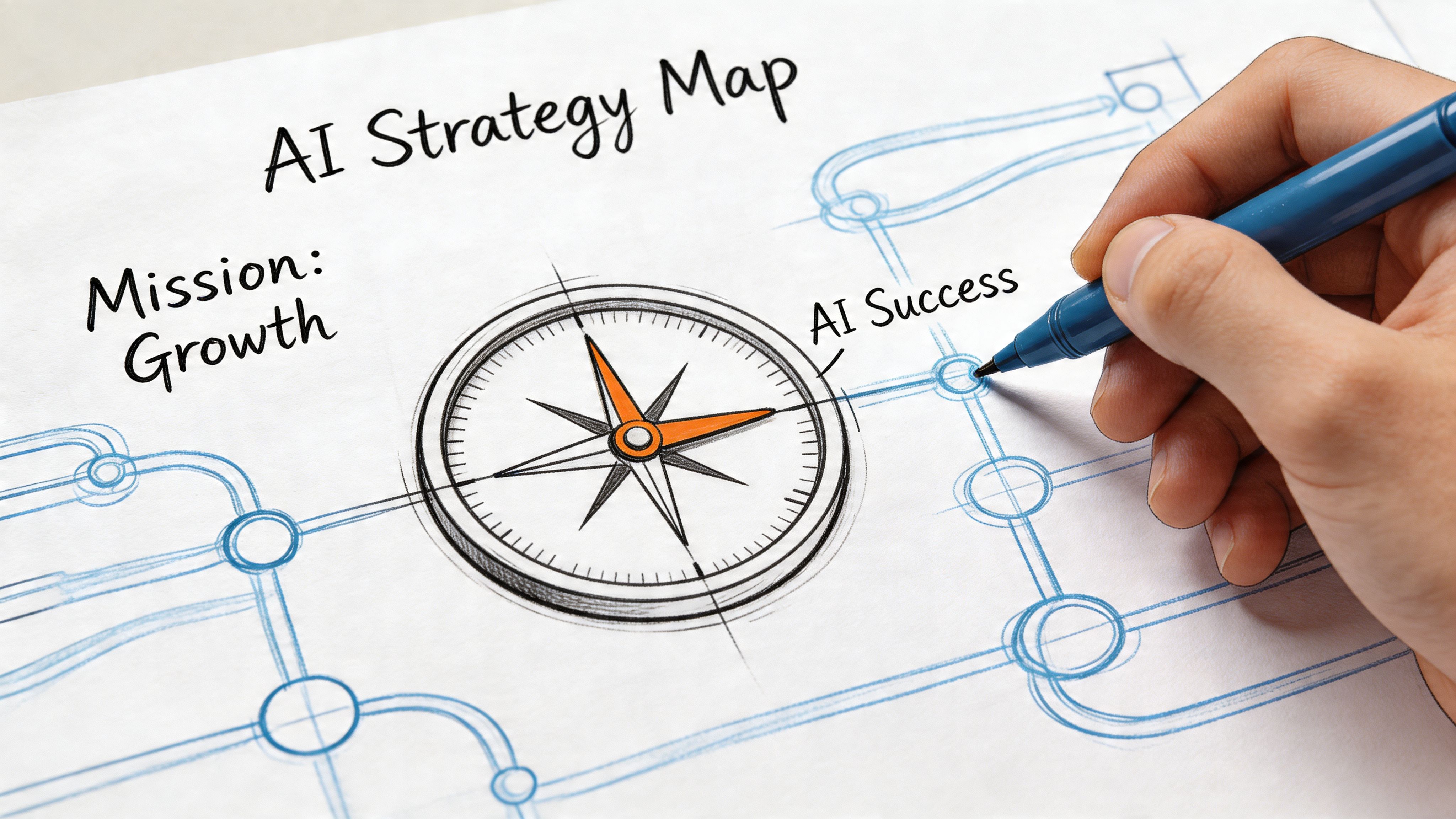 A person drawing a compass on an AI strategy map focused on achieving business growth and success.