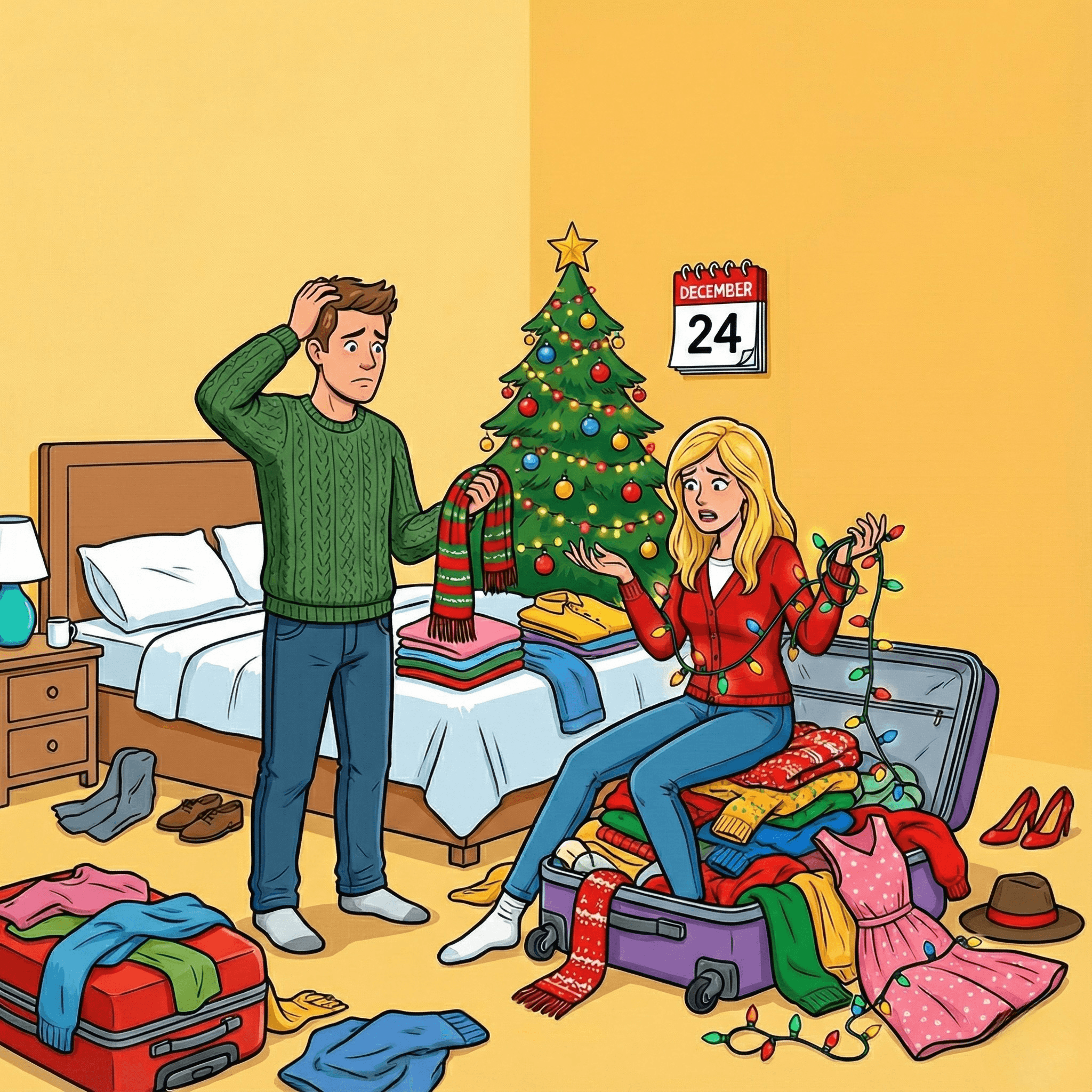 A neatly packed carry-on suitcase with layered winter outfits, showing how to pack one bag for a Christmas vacation filled with multiple plans, from relaxed daytime outings to festive holiday dinners.