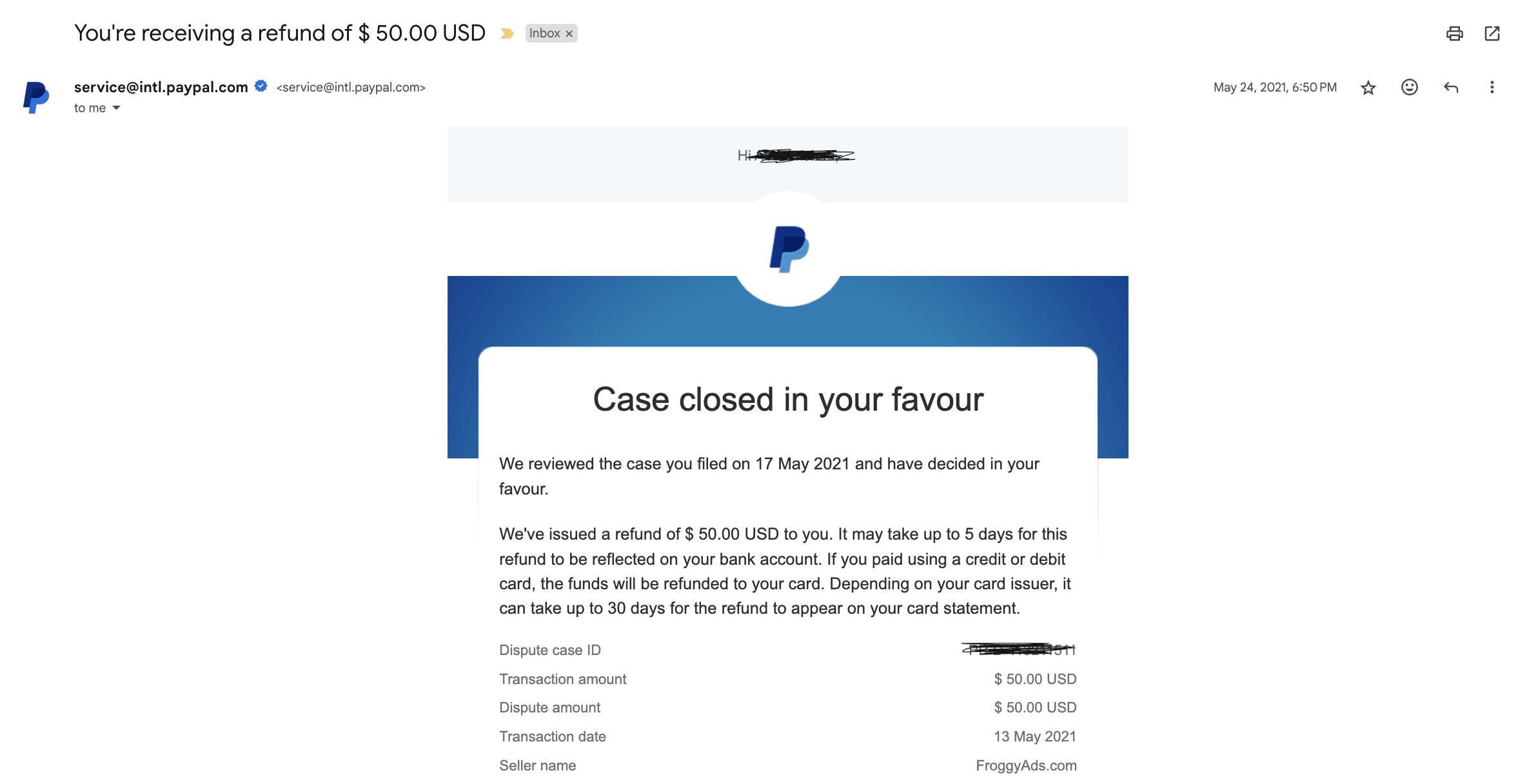 screenshot of a refund email from paypal.com
