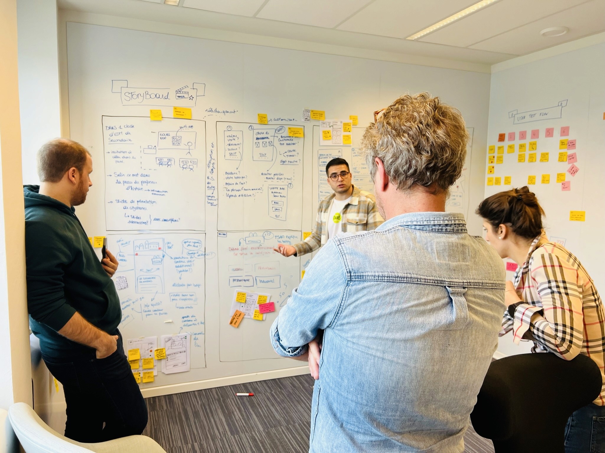 Team retreat session with professionals gathered around a table, engaging in collaborative activities in a bright meeting room