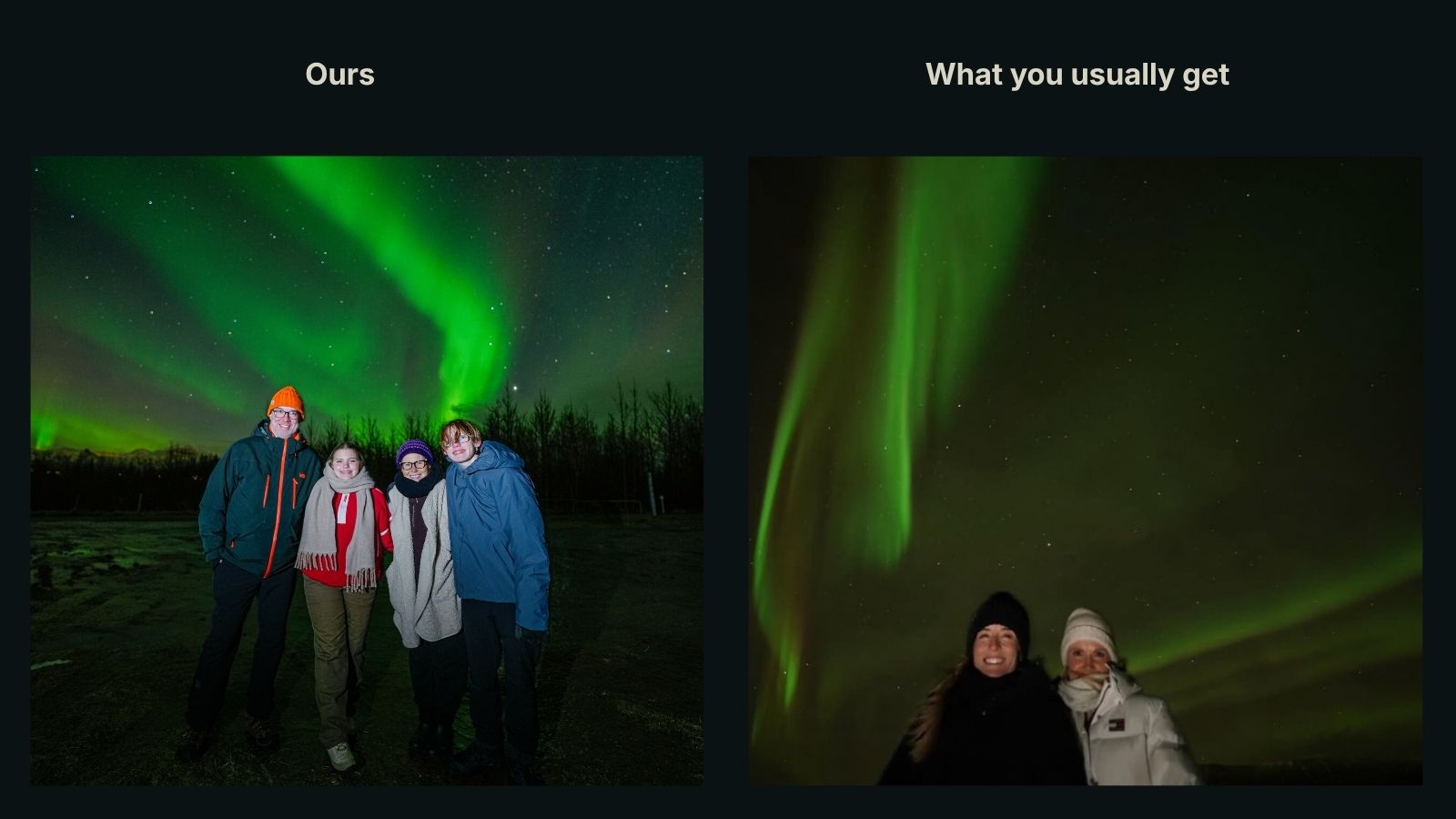 Side by side comparison labelled Ours and What you usually get. Ours shows four guests evenly lit with faces clearly visible; the other shows two guests washed out by flash against a dark sky.