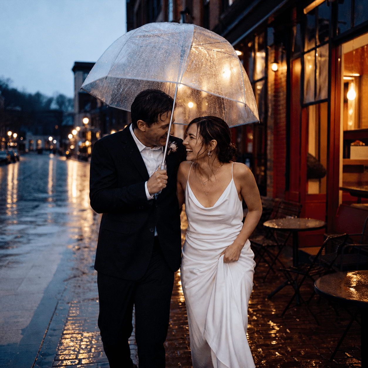 Bride and groom under a clear umbrella on a rainy city street at night